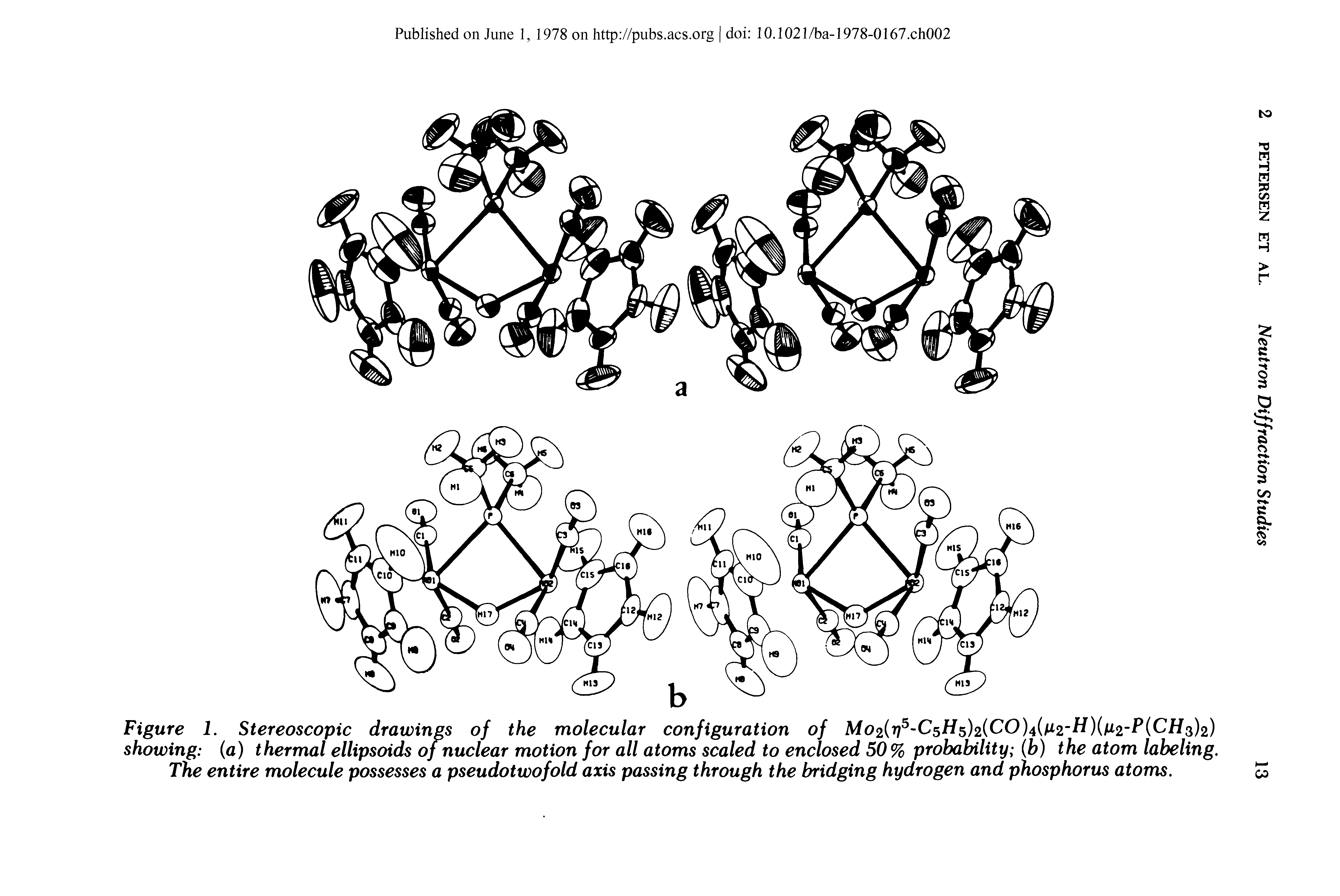 Figure 1. Stereoscopic drawings of the molecular configuration of Mo2 r C H )2 CO)4t 2-H) g2-P CH )2) showing (a) thermal ellipsoids of nuclear motion for all atoms scaled to enclosed 50% probability (b) the atom labeling. The entire molecule possesses a pseudotwofold axis passing through the bridging hydrogen and phosphorus atoms.