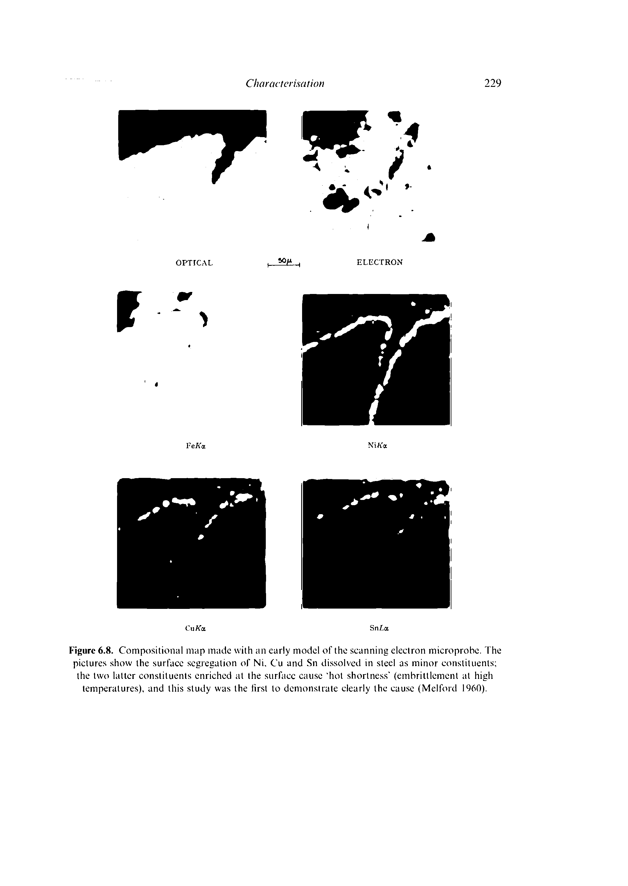 Figure 6.8. Compositional map made with an early model of the scanning electron microprobc. The pictures show the surface segregation of Ni. Cu and Sn dissolved in steel as minor constituents the two latter constituents enriched at the surface cause hot shortness (embrittlement at high temperatures), and this study was the first to demonstrate clearly the cause (Melford I960).