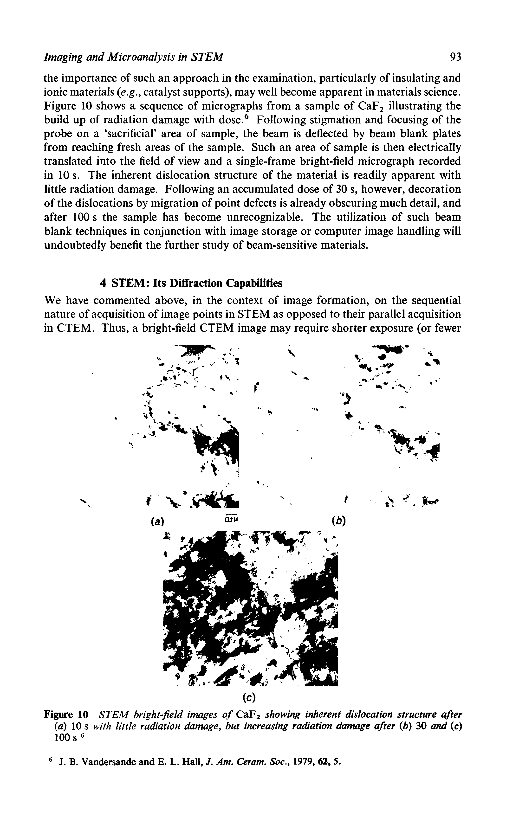 Figure 10 STEM bright-field images of CaFj showing inherent dislocation structure after (a) 10 s with little radiation damage, but increasing radiation damage after (6) 30 and (c) 100 s ...