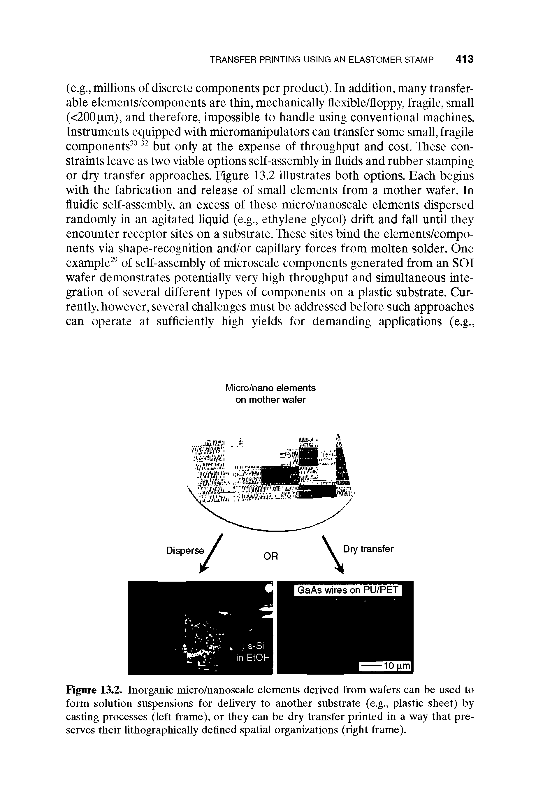 Figure 13.2. Inorganic micro/nanoscale elements derived from wafers can be used to form solution suspensions for delivery to another substrate (e.g., plastic sheet) by casting processes (left frame), or they can be dry transfer printed in a way that preserves their lithographically defined spatial organizations (right frame).