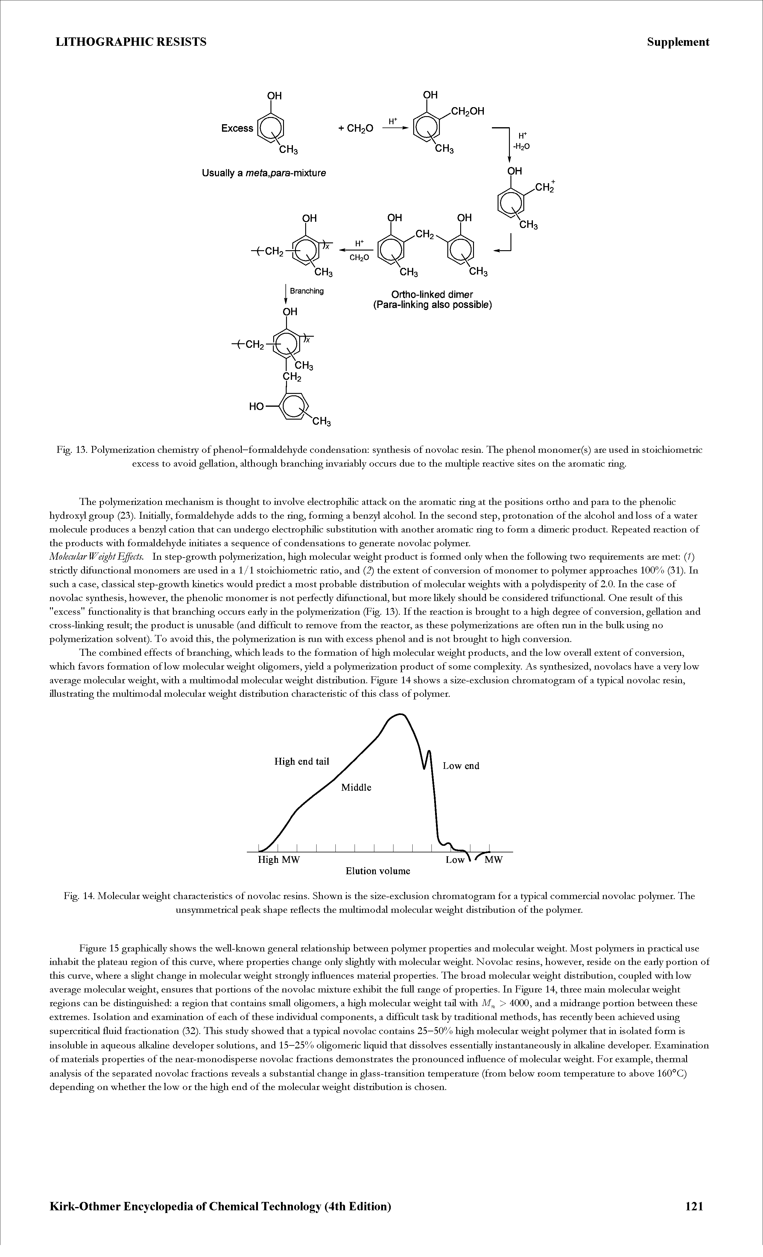 Fig. 13. Polymerization chemistry of phenol—formaldehyde condensation synthesis of novolac resia. The phenol monomer(s) are used ia stoichiometric excess to avoid geUation, although branching iavariably occurs due to the multiple reactive sites on the aromatic ring.