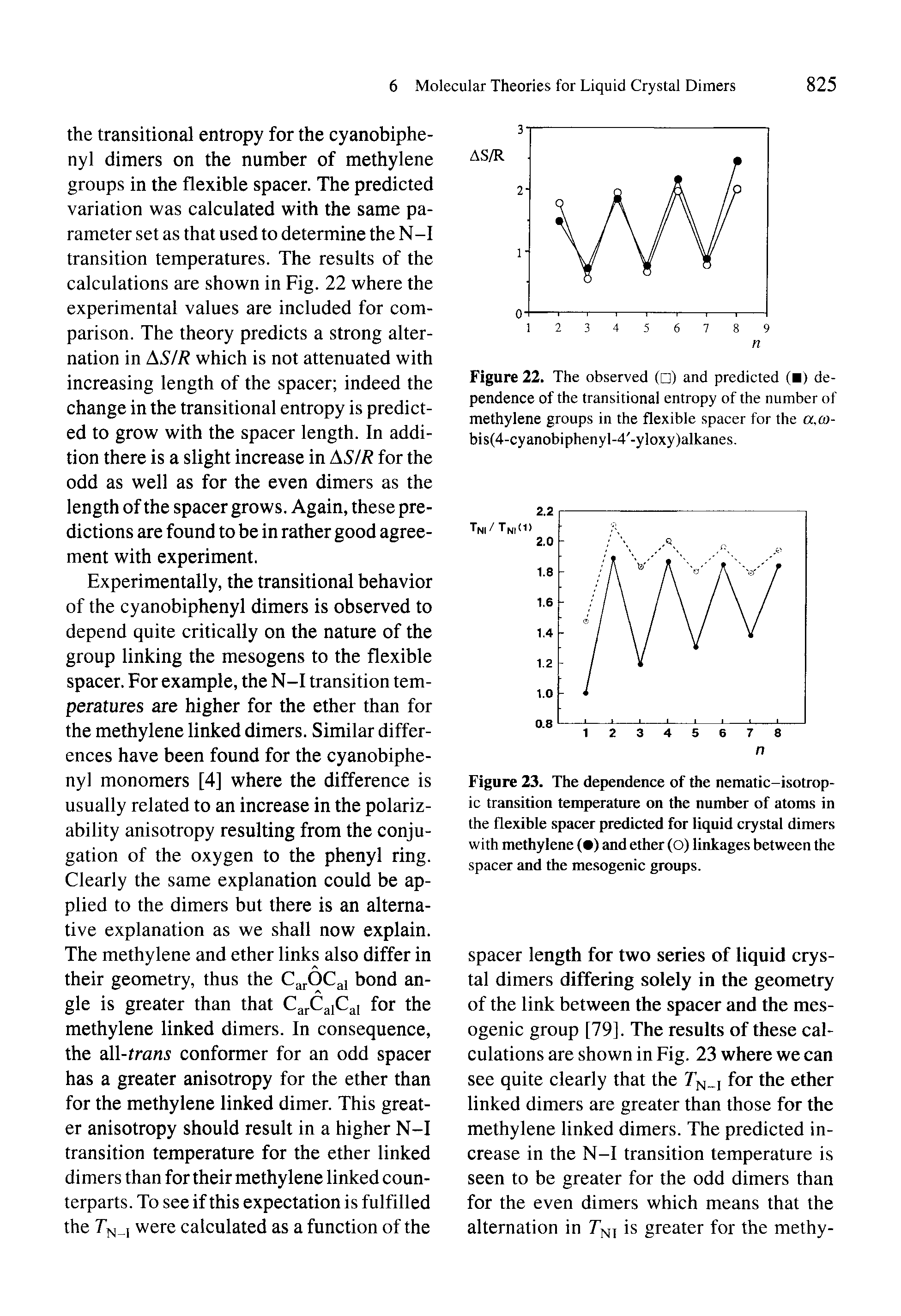 Figure 23. The dependence of the nematic-isotropic transition temperature on the number of atoms in the flexible spacer predicted for liquid crystal dimers with methylene ( ) and ether (O) linkages between the spacer and the mesogenic groups.