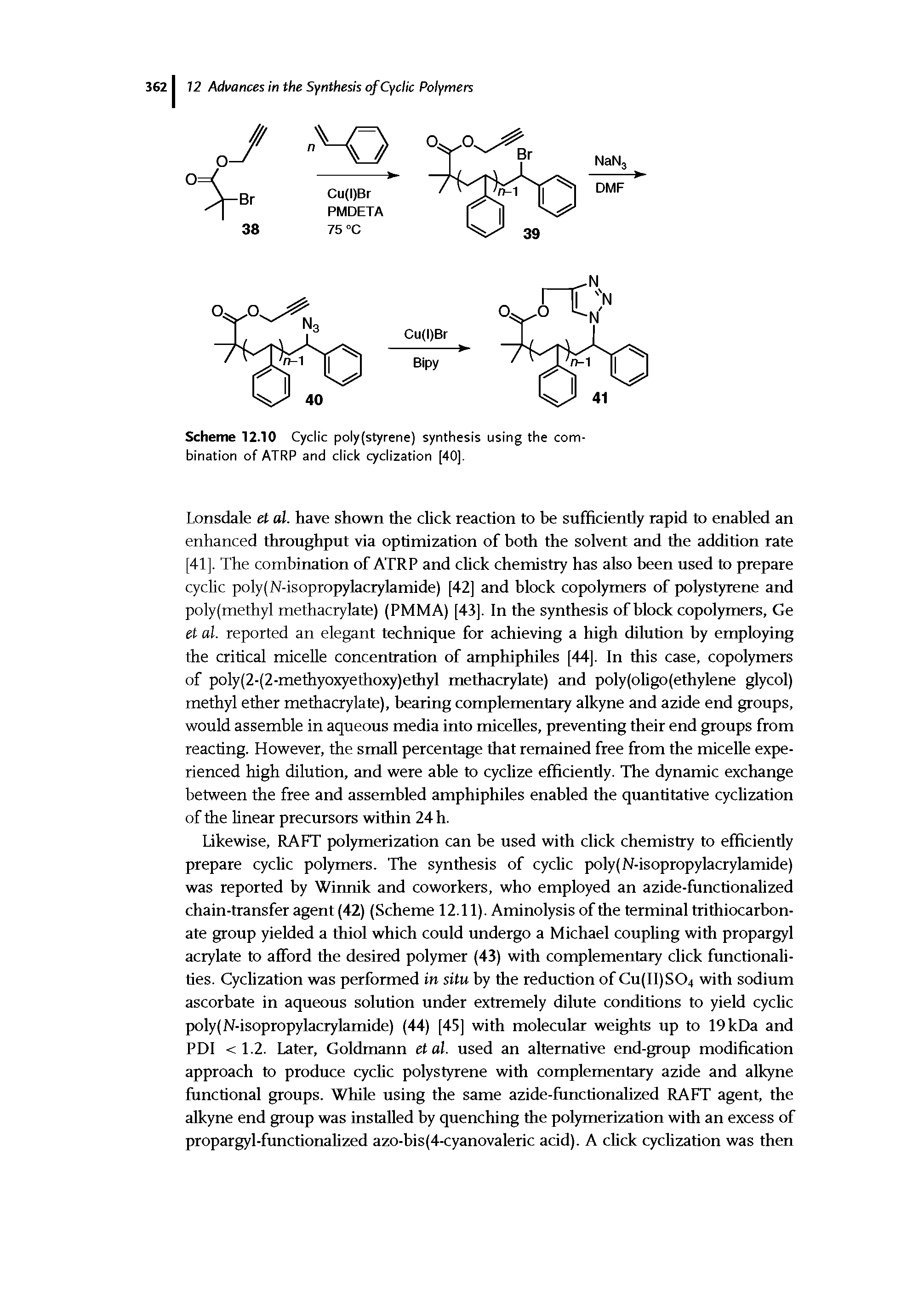 Scheme 12.10 Cyclic poly(styrene) synthesis using the combination of ATRP and click cyclization [40].