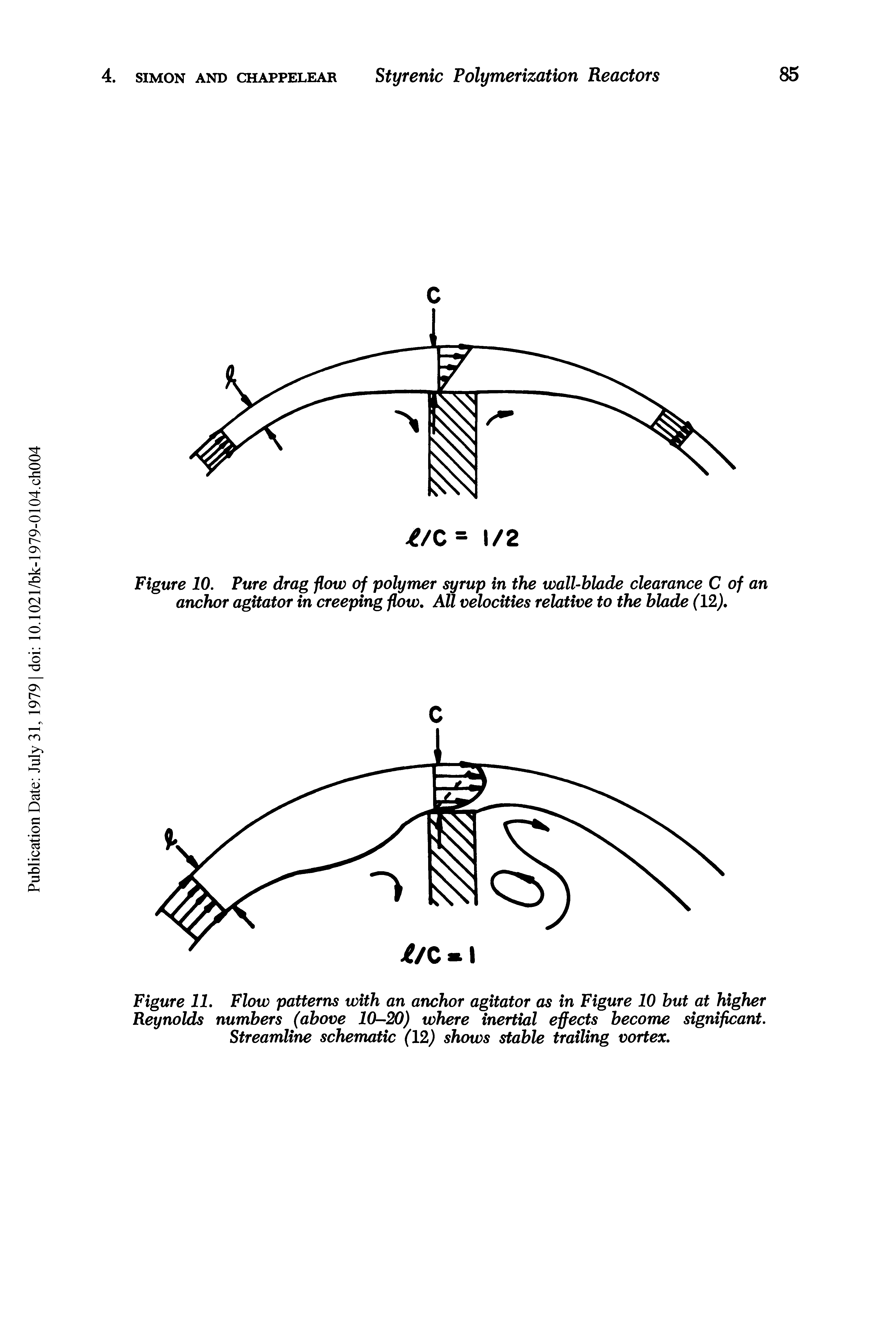 Figure 11. Flow patterns with an anchor agitator as in Figure 10 but at higher Reynolds numbers (above 10-20) where inertial effects become significant. Streamline schematic (12) shows stable trailing vortex.