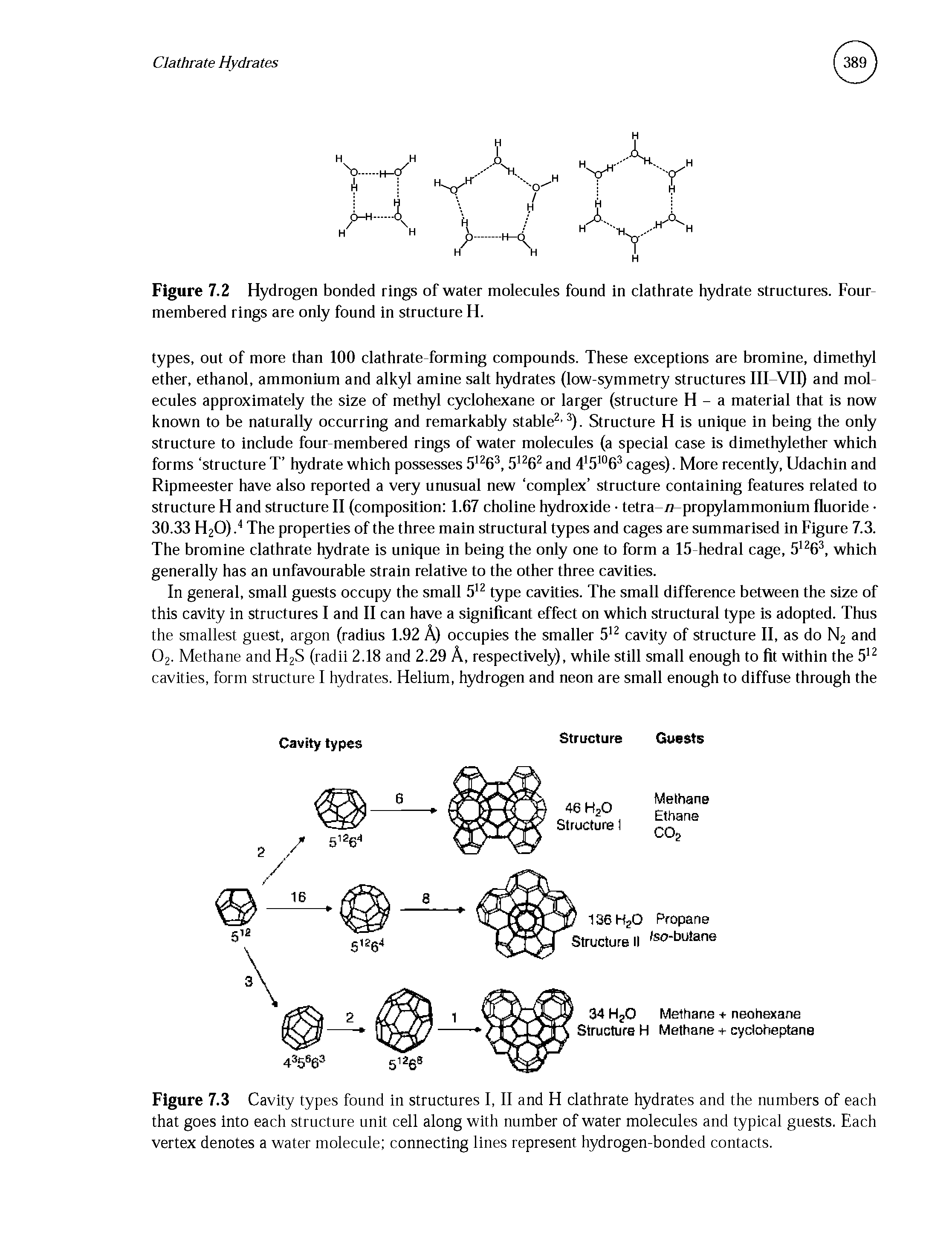 Figure 7.3 Cavity types found in structures I, II and H clathrate hydrates and the numbers of each that goes into each structure unit cell along with number of water molecules and typical guests. Each vertex denotes a water molecule connecting lines represent hydrogen-bonded contacts.