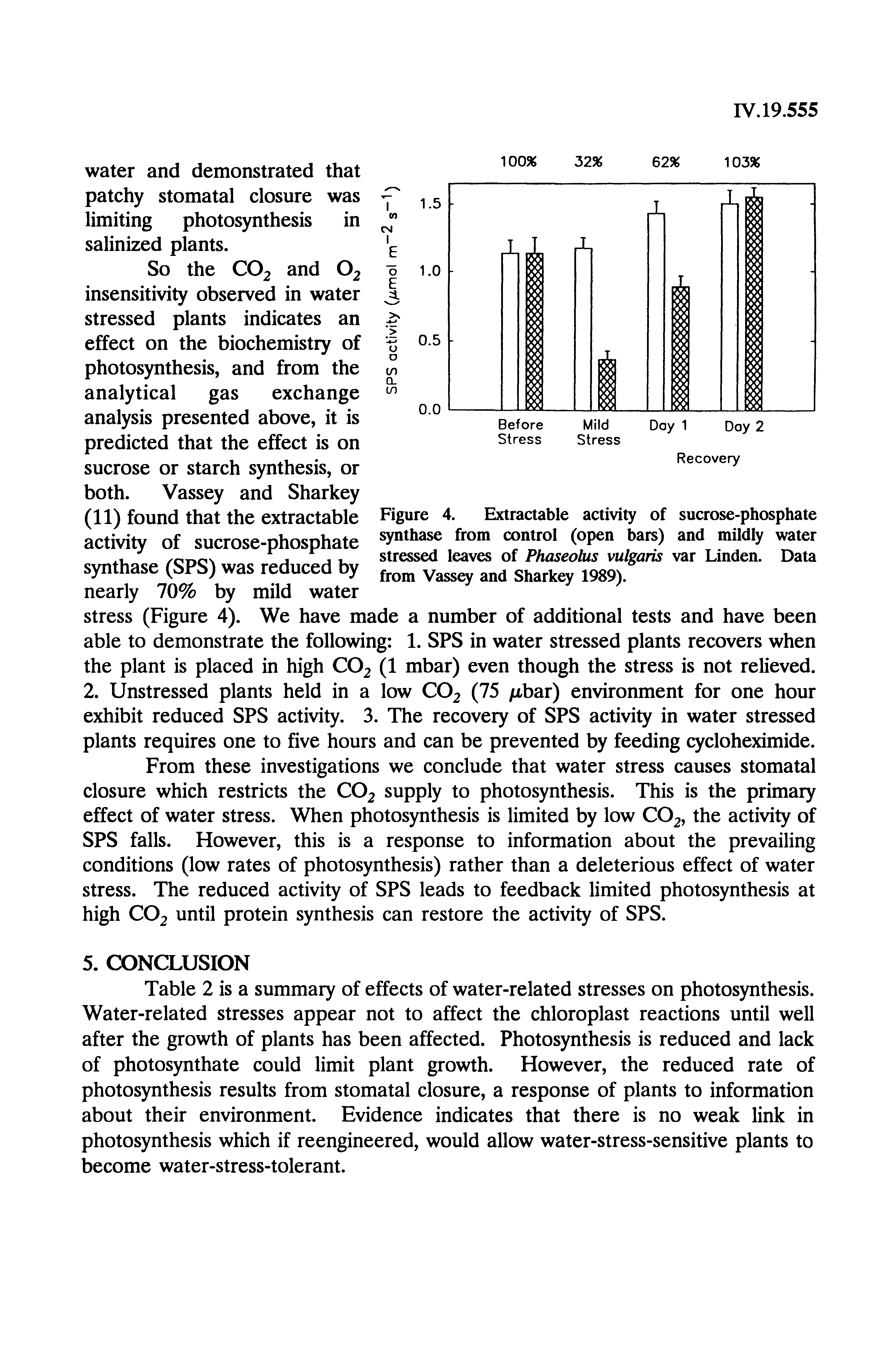 Figure 4. Extractable activity of sucrose-phosphate synthase from control (open bars) and mildly water stressed leaves of Phaseobis vulgaris var Linden. Data from Vassey and Sharkey 1989).