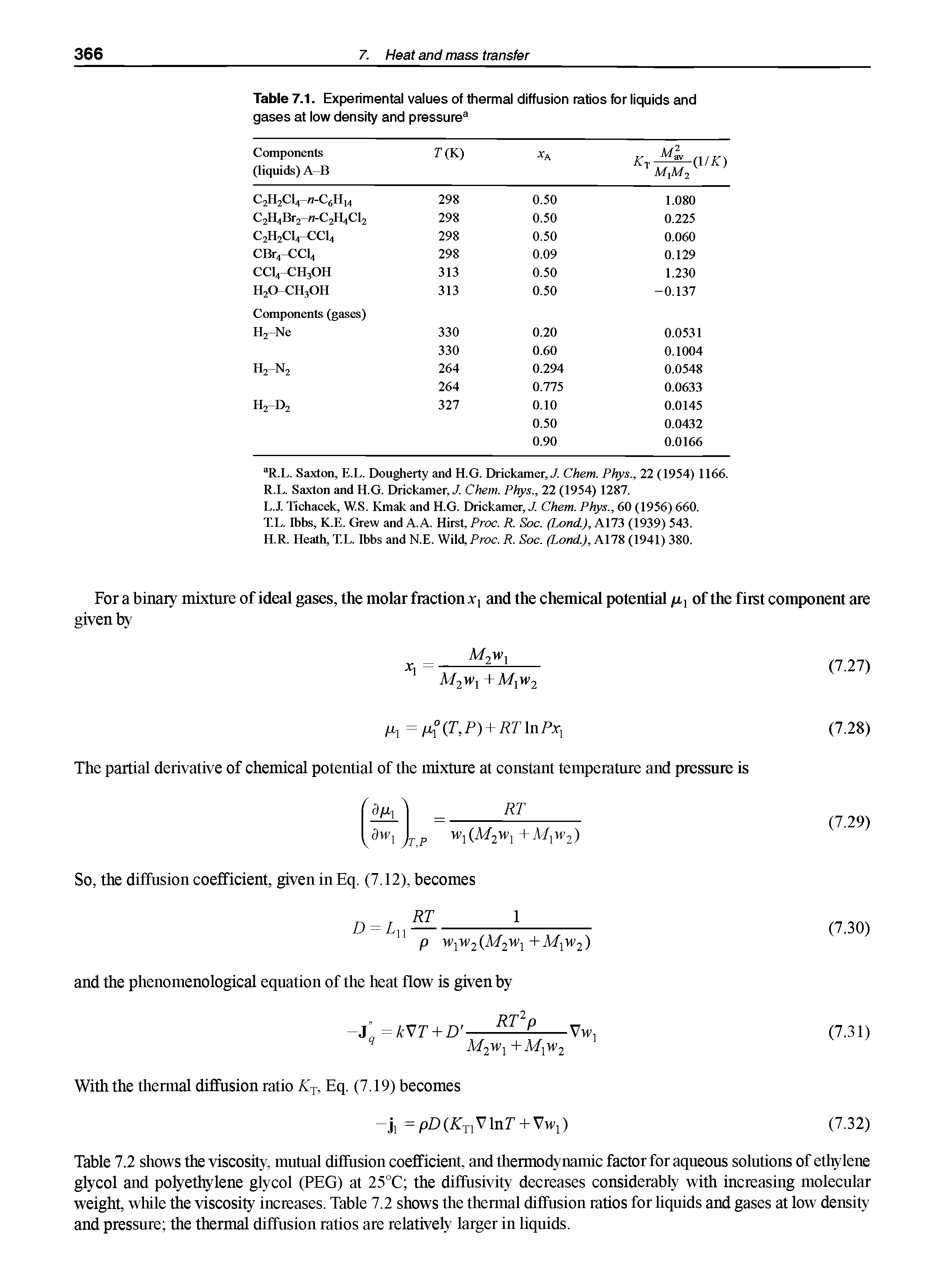 Table 7.1. Experimental values of thermal diffusion ratios for liquids and gases at low density and pressure3...