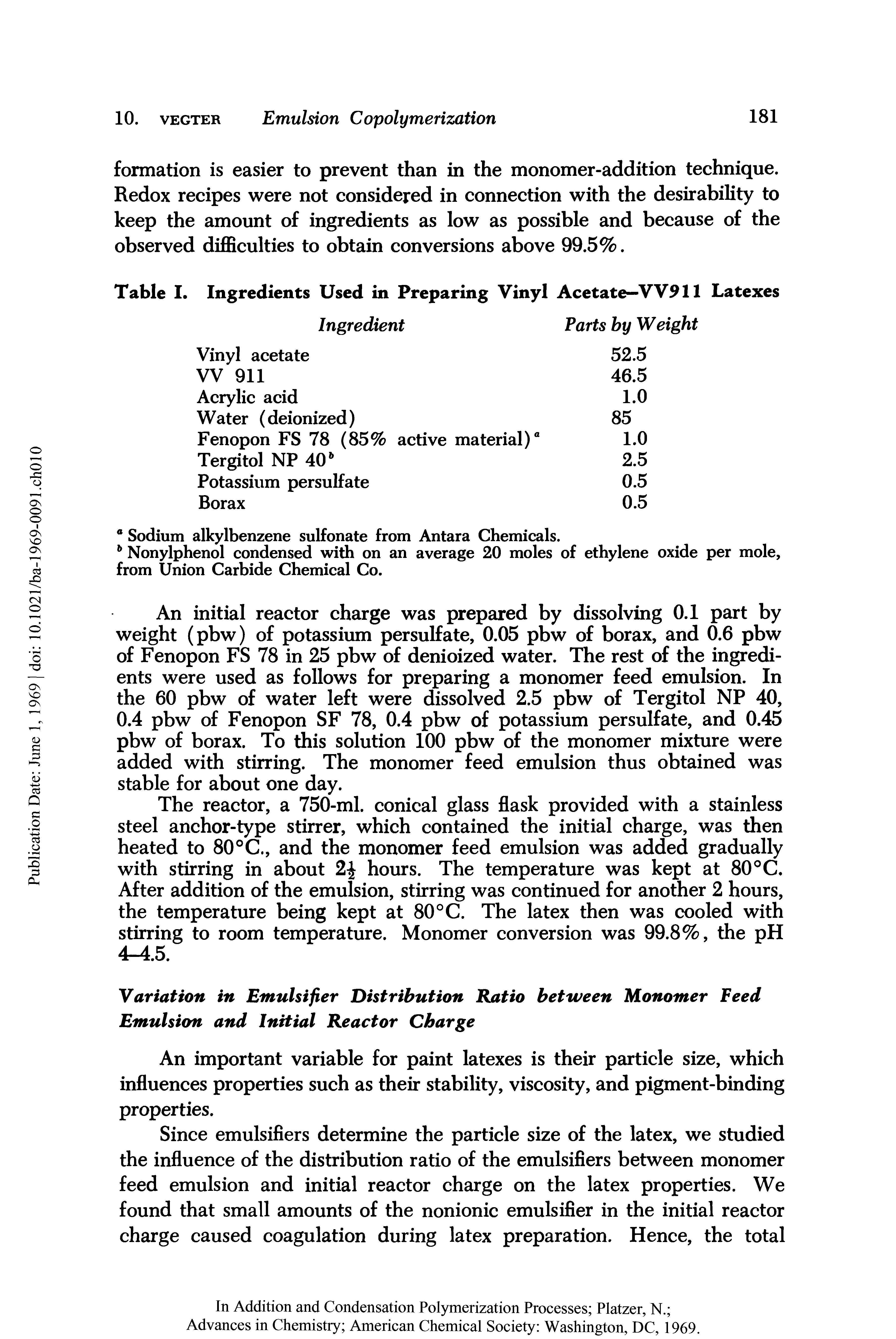 Table I. Ingredients Used in Preparing Vinyl Acetate—VV911 Latexes...