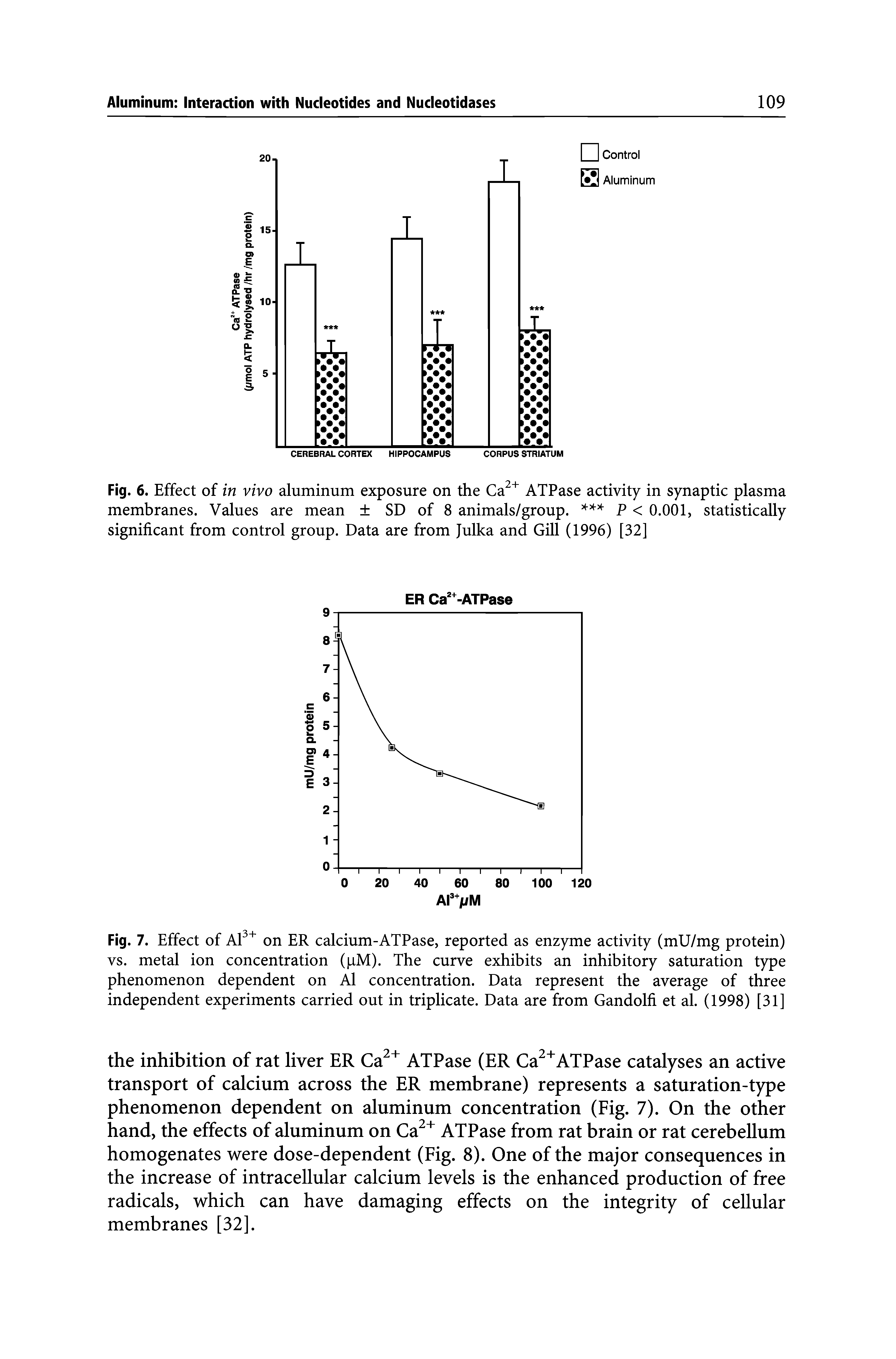 Fig. 6. Effect of in vivo aluminum exposure on the Ca2+ ATPase activity in synaptic plasma membranes. Values are mean SD of 8 animals/group. P < 0.001, statistically significant from control group. Data are from Julka and Gill (1996) [32]...