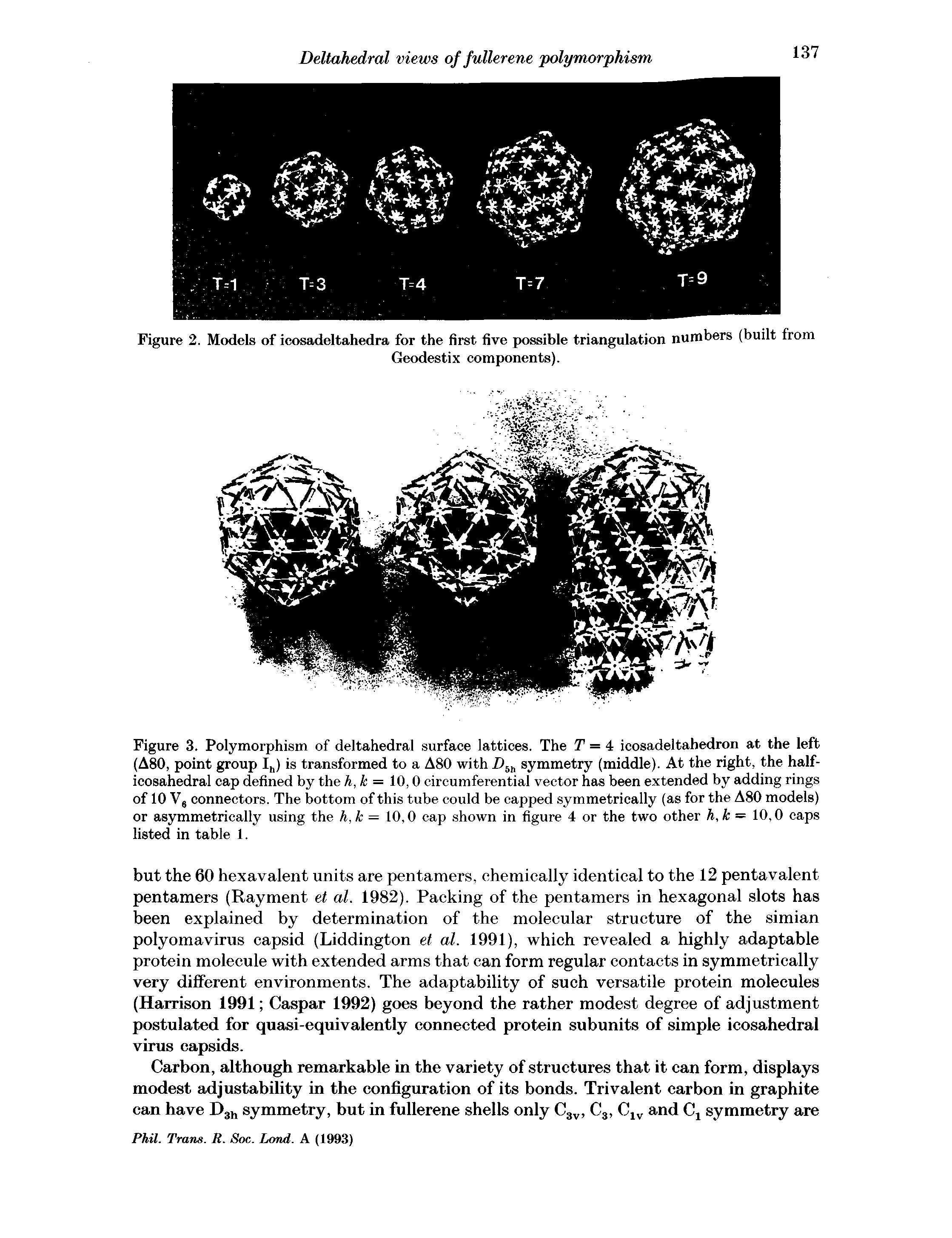 Figure 2. Models of icosadeltahedra for the first five possible triangulation numbers (built from...
