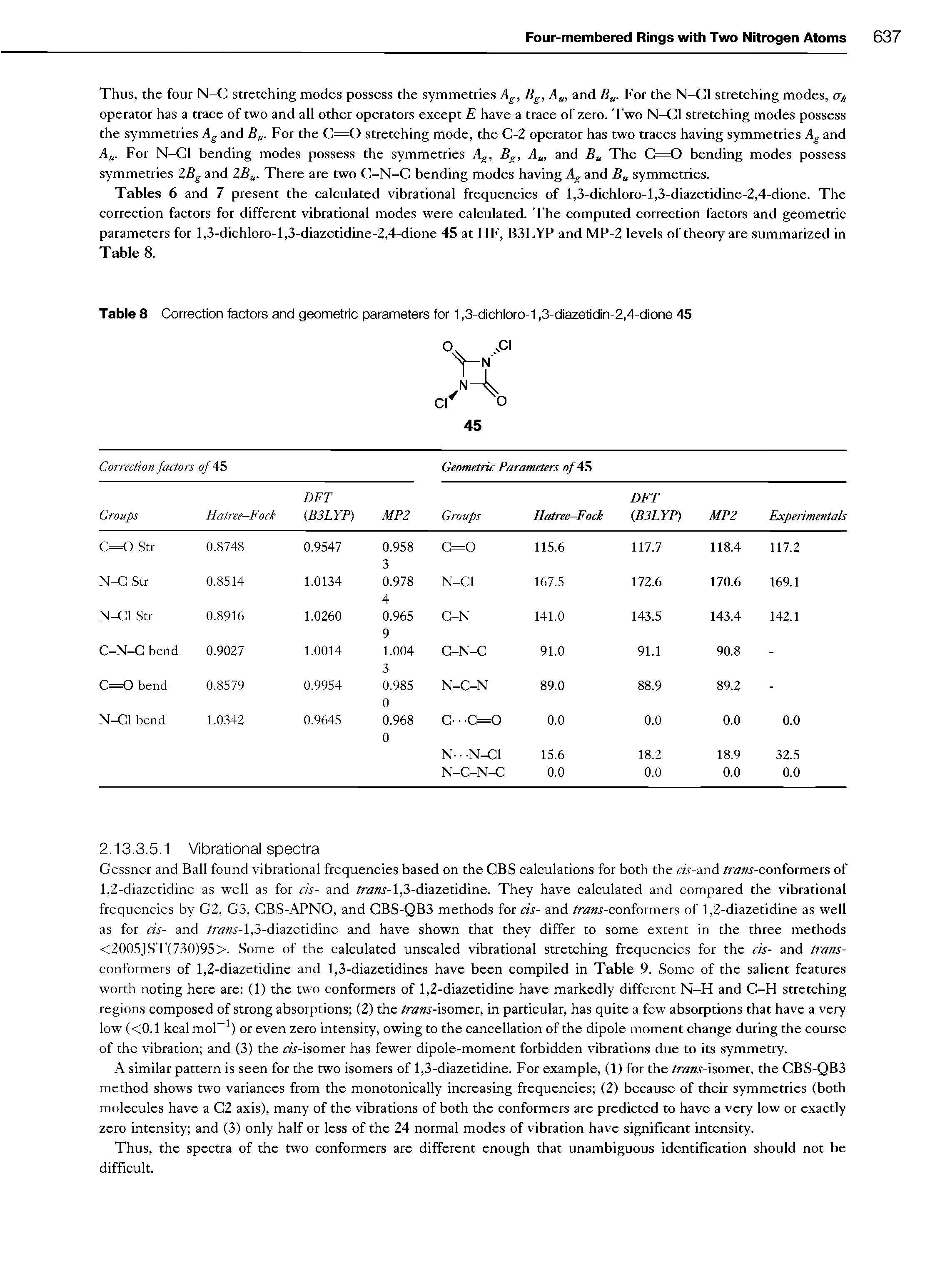 Tables 6 and 7 present the calculated vibrational frequencies of l,3-dichloro-l,3-diazetidine-2,4-dione. The correction factors for different vibrational modes were calculated. The computed correction factors and geometric parameters for l,3-dichloro-l,3-diazetidine-2,4-dione 45 at FIF, B3LYP and MP-2 levels of theory are summarized in Table 8.