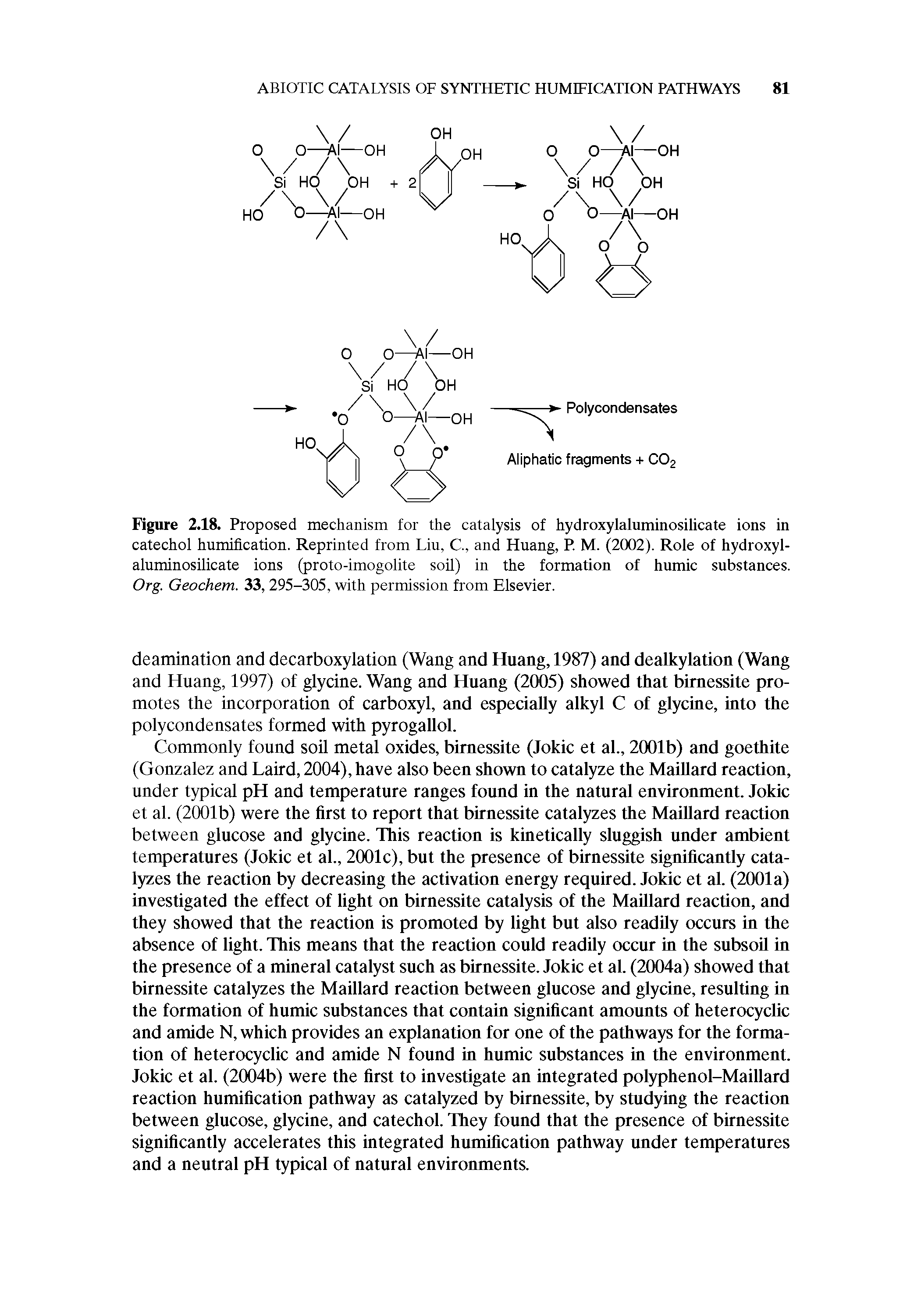 Figure 2.18. Proposed mechanism for the catalysis of hydroxylaluminosilicate ions in catechol humification. Reprinted from Liu, C., and Huang, P. M. (2002). Role of hydroxylaluminosilicate ions (proto-imogolite soil) in the formation of humic substances. Org. Geochem. 33, 295-305, with permission from Elsevier.
