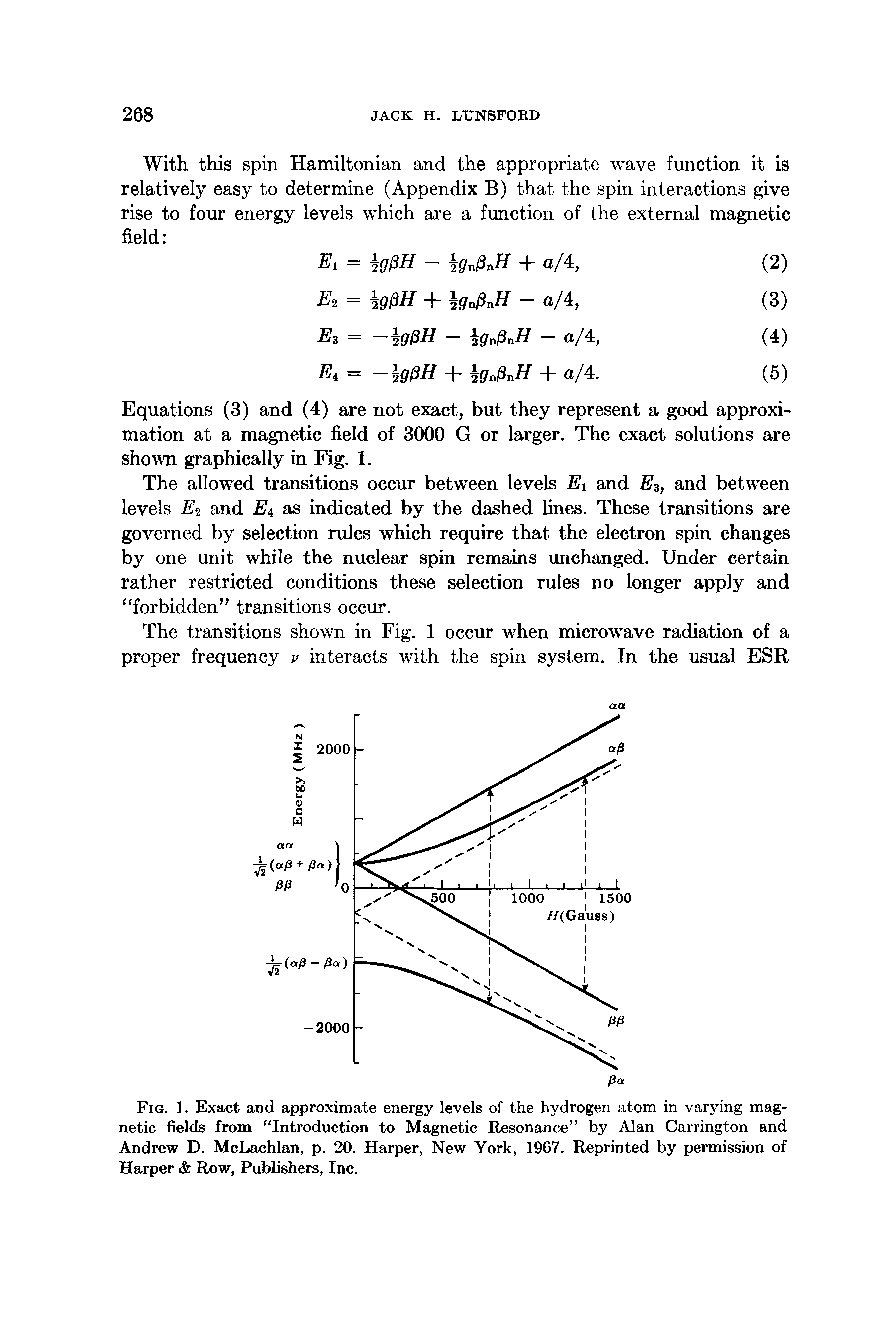 Fig. 1. Exact and approximate energy levels of the hydrogen atom in varying magnetic fields from Introduction to Magnetic Resonance by Alan Carrington and Andrew D. McLachlan, p. 20. Harper, New York, 1967. Reprinted by permission of Harper Row, Publishers, Inc.