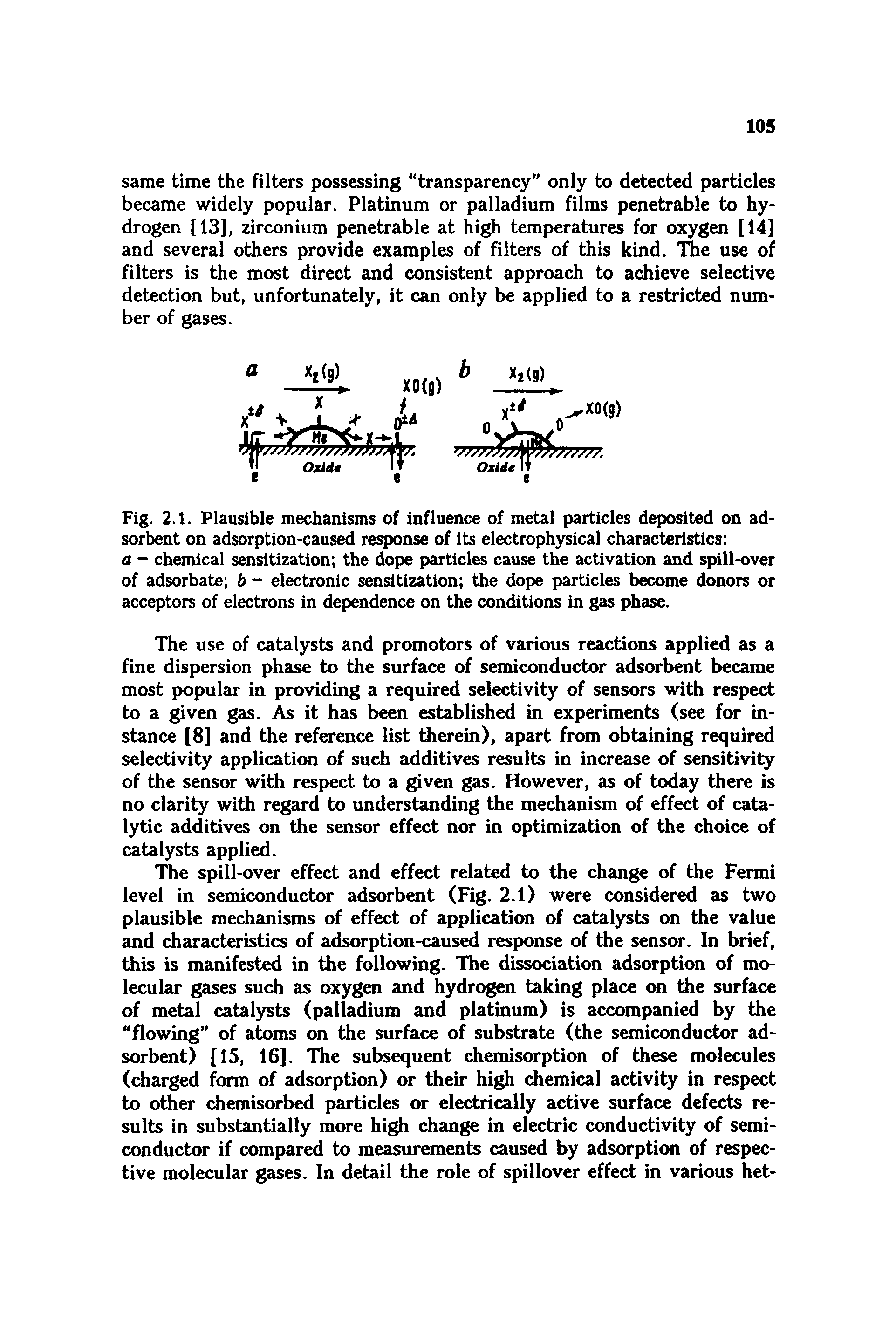 Fig. 2.1. Plausible mechanisms of influence of metal particles deposited on adsorbent on adsorption-caused response of its electrophysical characteristics a - chemical sensitization the dope particles cause the activation and spill-over of adsorbate b - electronic sensitization the dope particles become donors or acceptors of electrons in dependence on the conditions in gas phase.