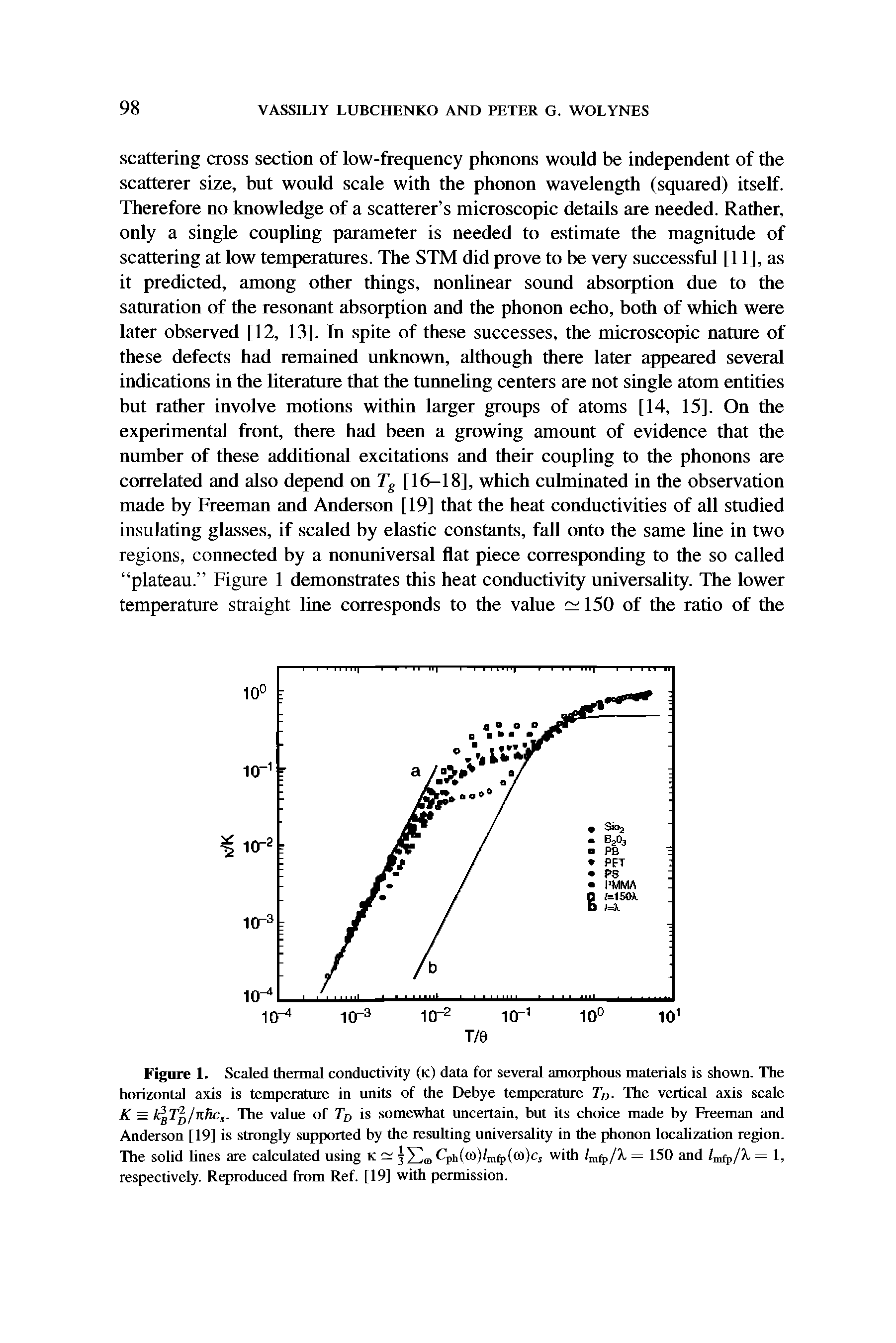 Figure 1. Scaled thermal conductivity (k) data for several amorphous materials is shown. The horizontal axis is temperature in units of the Debye temperature Tjj. The vertical axis scale K = The value of To is somewhat uncertain, but its choice made by Freeman and...