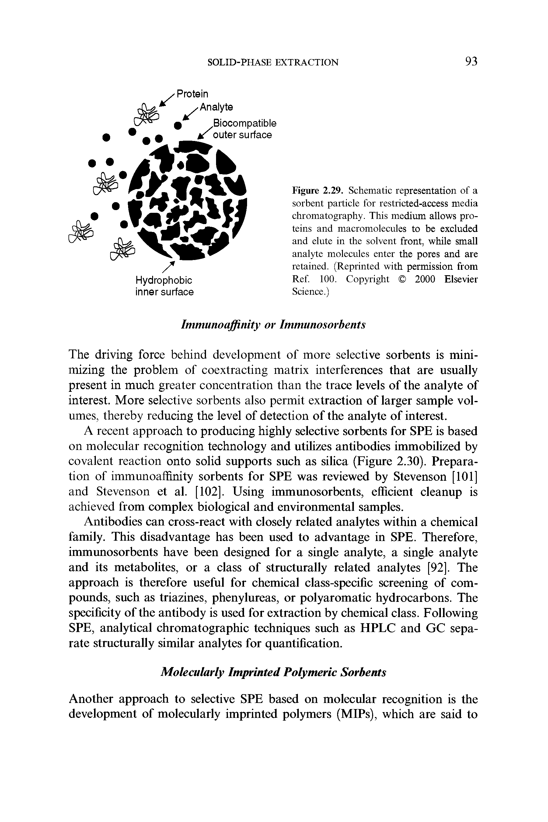 Figure 2.29. Schematic representation of a sorbent particle for restricted-access media chromatography. This medium allows proteins and macromolecules to be excluded and elute in the solvent front, while small analyte molecules enter the pores and are retained. (Reprinted with permission from Ref. 100. Copyright 2000 Elsevier Science.)...