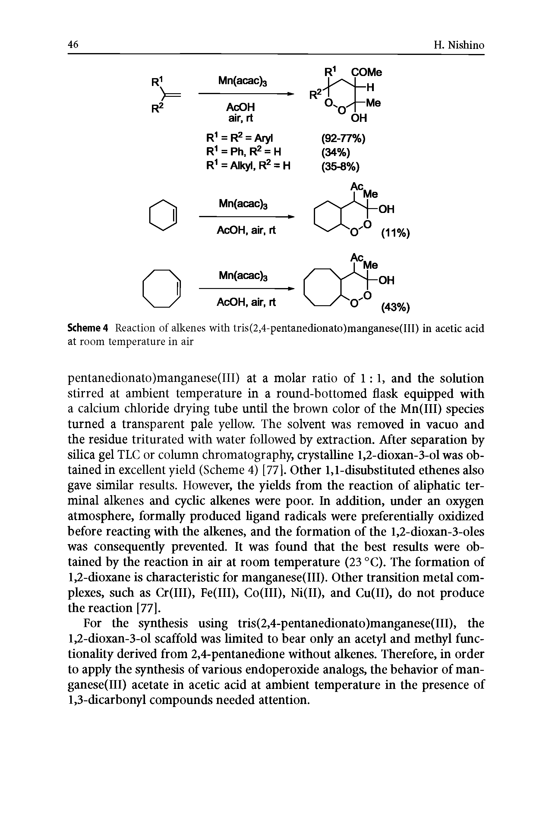 Scheme 4 Reaction of alkenes with tris(2,4-pentanedionato)manganese(III) in acetic acid at room temperature in air...