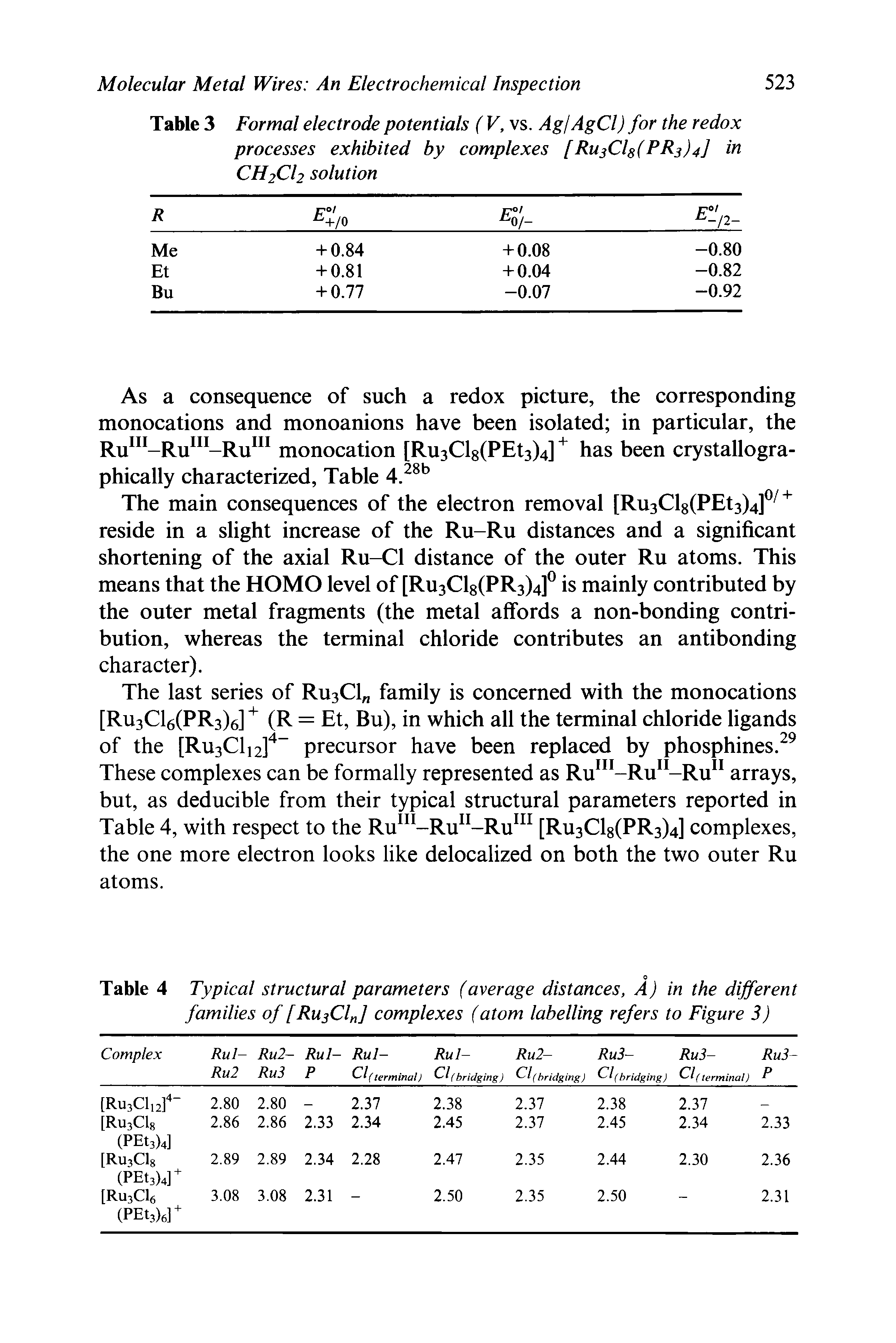 Table 4 Typical structural parameters (average distances, A) in the different families of [Ru3Cln] complexes (atom labelling refers to Figure 3)...