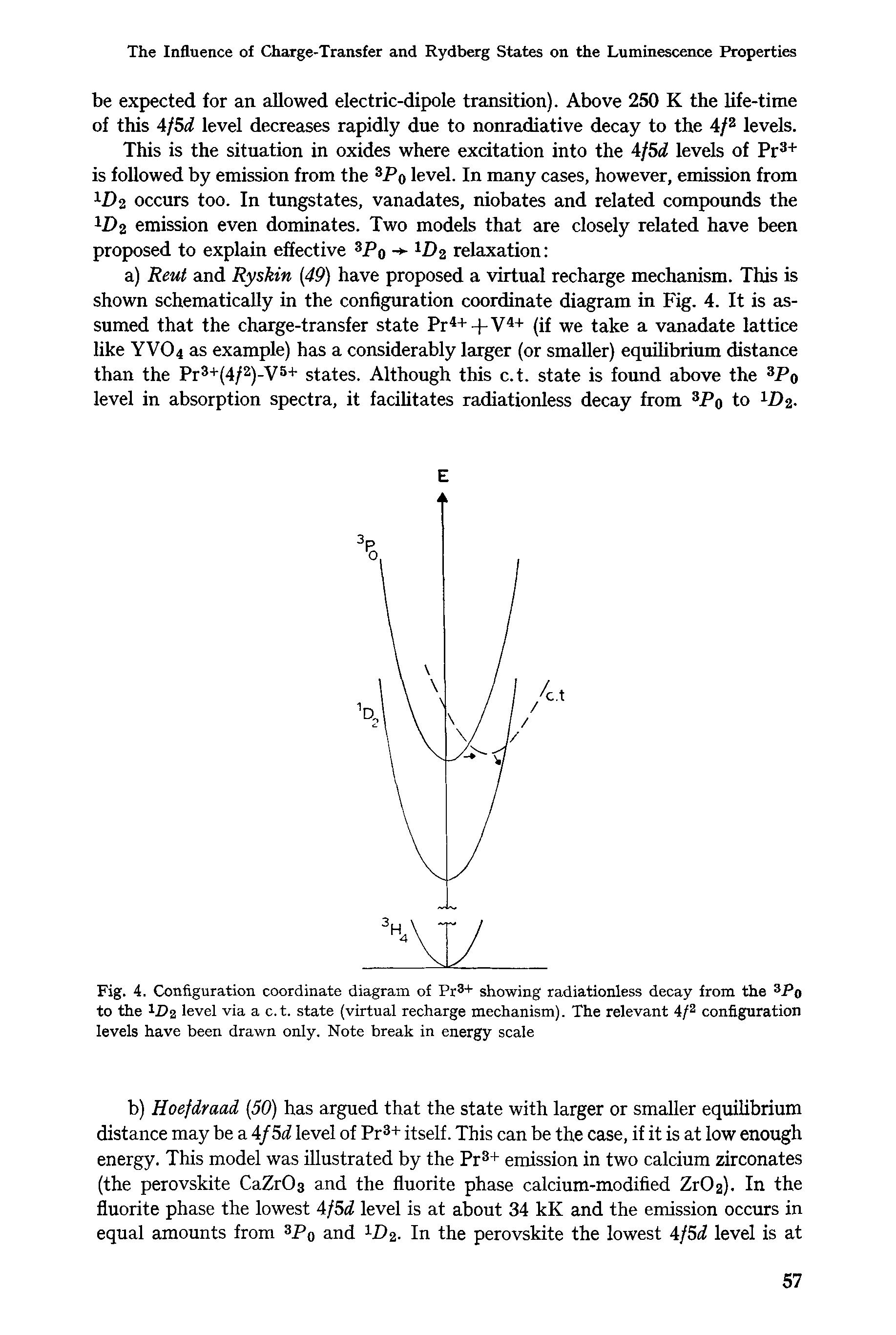 Fig. 4. Configuration coordinate diagram of Pr + showing radiationless decay from the Po to the level via a c.t. state (virtual recharge mechanism). The relevant 4/ configuration levels have been drawn only. Note break in energy scale...