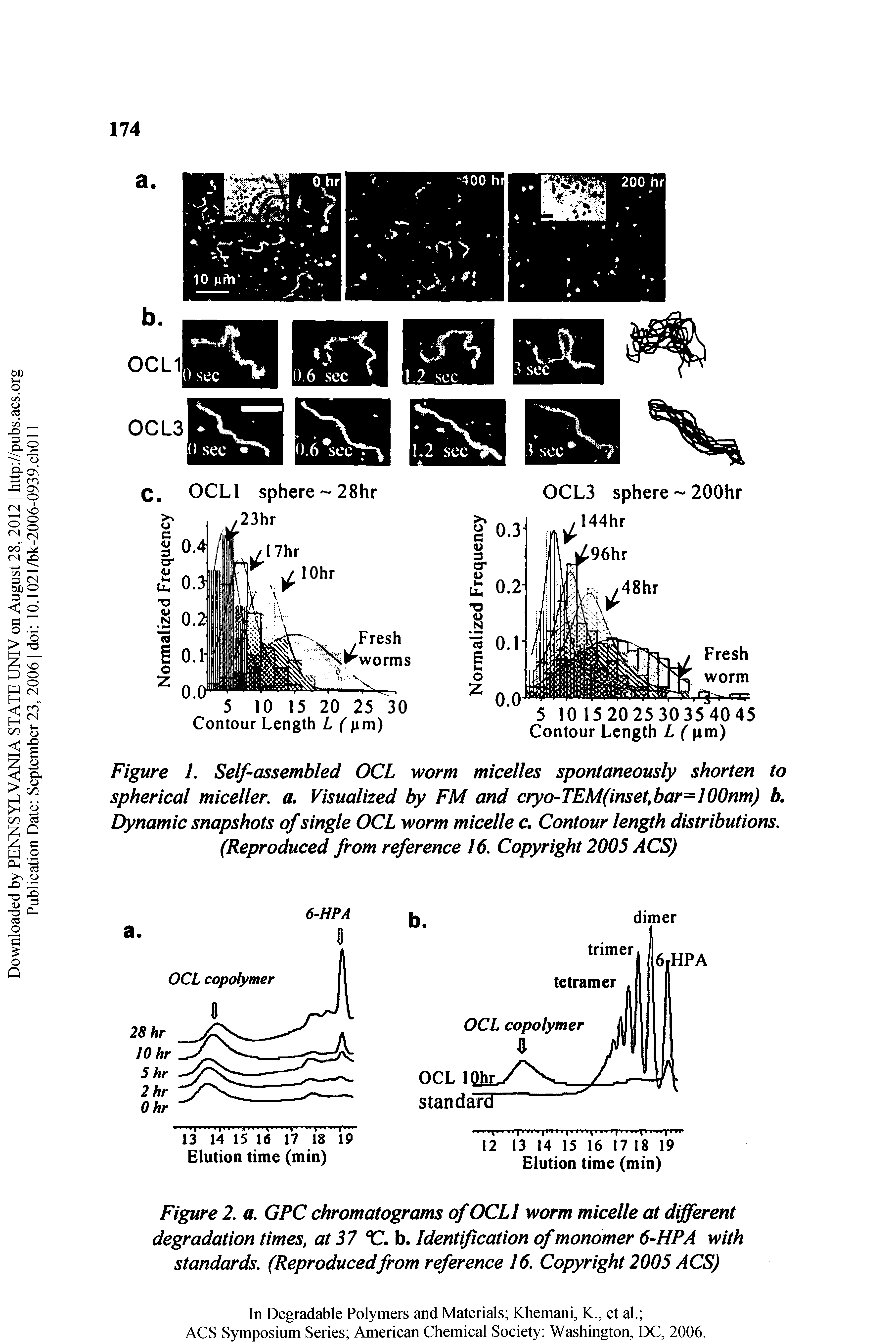 Figure L Self-assembled OCL worm micelles spontaneously shorten to spherical miceller. a. Visualized by FM and cryo-TEM(inset,bar=100nm) b. Dynamic snapshots of single OCL worm micelle c. Contour length distributions. (Reproduced from reference 16. Copyright 2005 ACS)...