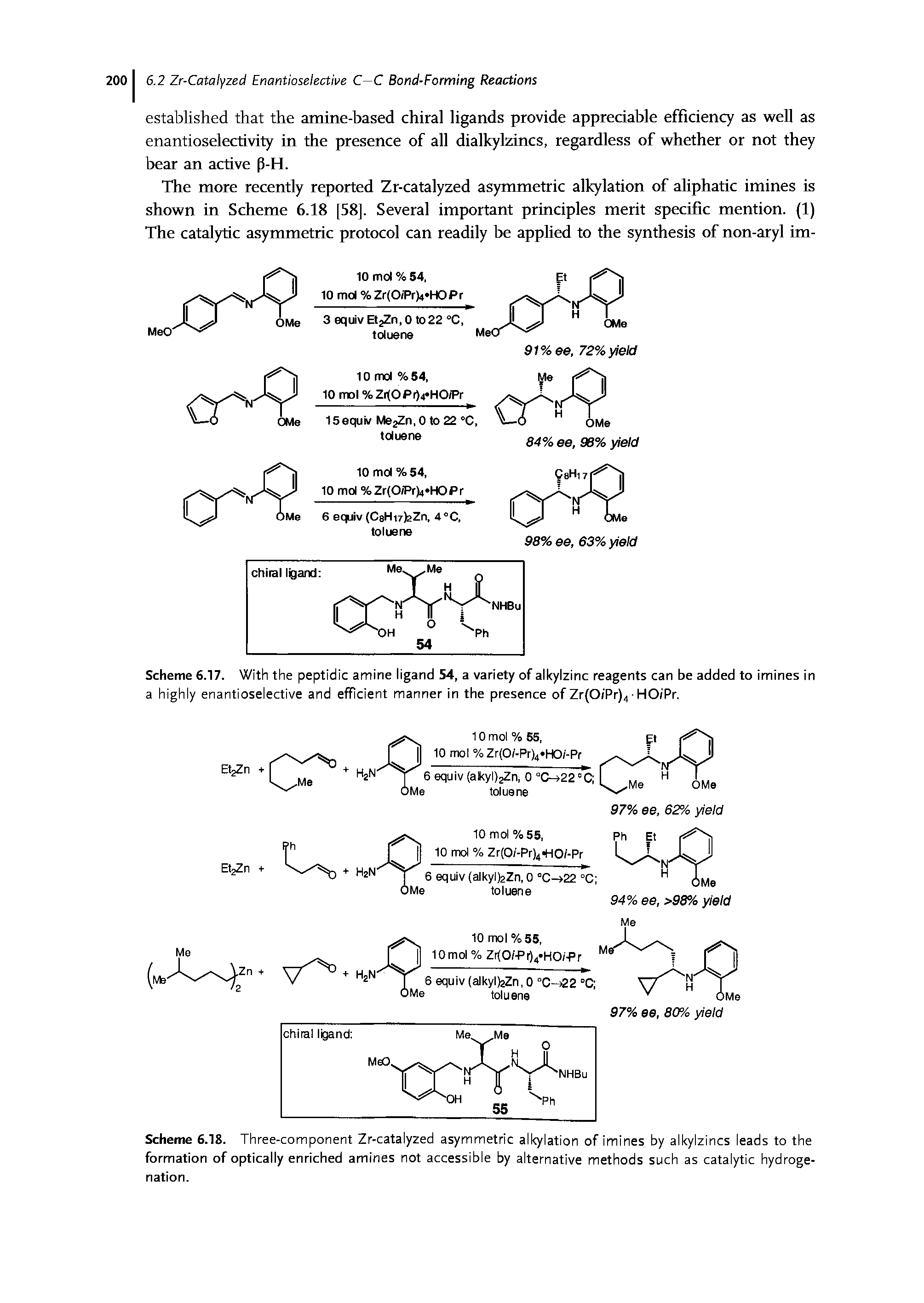 Scheme 6.18. Three-component Zr-catalyzed asymmetric alkylation of imines by alkylzincs leads to the formation of optically enriched amines not accessible by alternative methods such as catalytic hydrogenation.