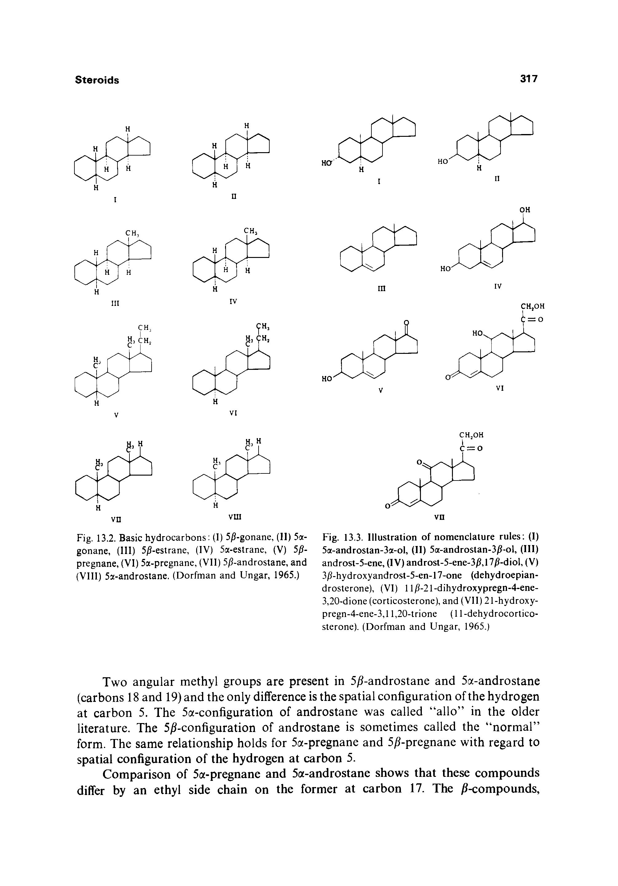 Fig. 13.2. Basic hydrocarbons (I) 5 -gonane, (II) 5a-gonane, (HI) 5 -estrane, (IV) 5a-estrane, (V) 5p-pregnane, (VI) 5a-pregnane, (VII) 5 -androstane, and (VIII) 5a-androstane. (Dorfman and Ungar, 1965.)...