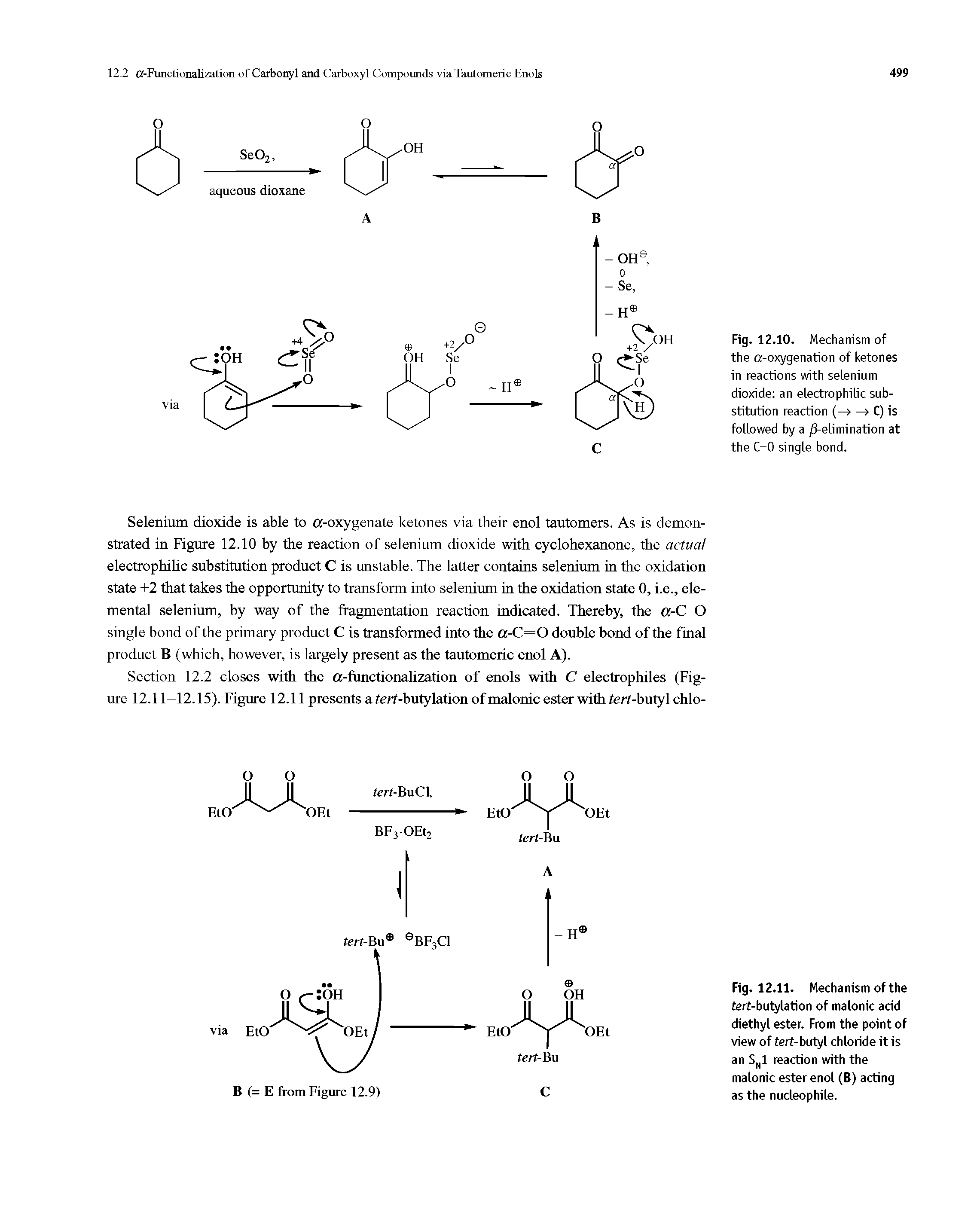 Fig. 12.10. Mechanism of the a-oxygenation of ketones in reactions with selenium dioxide an electrophilic substitution reaction (—> —> C) is followed by a /(-elimination at the C-0 single bond.