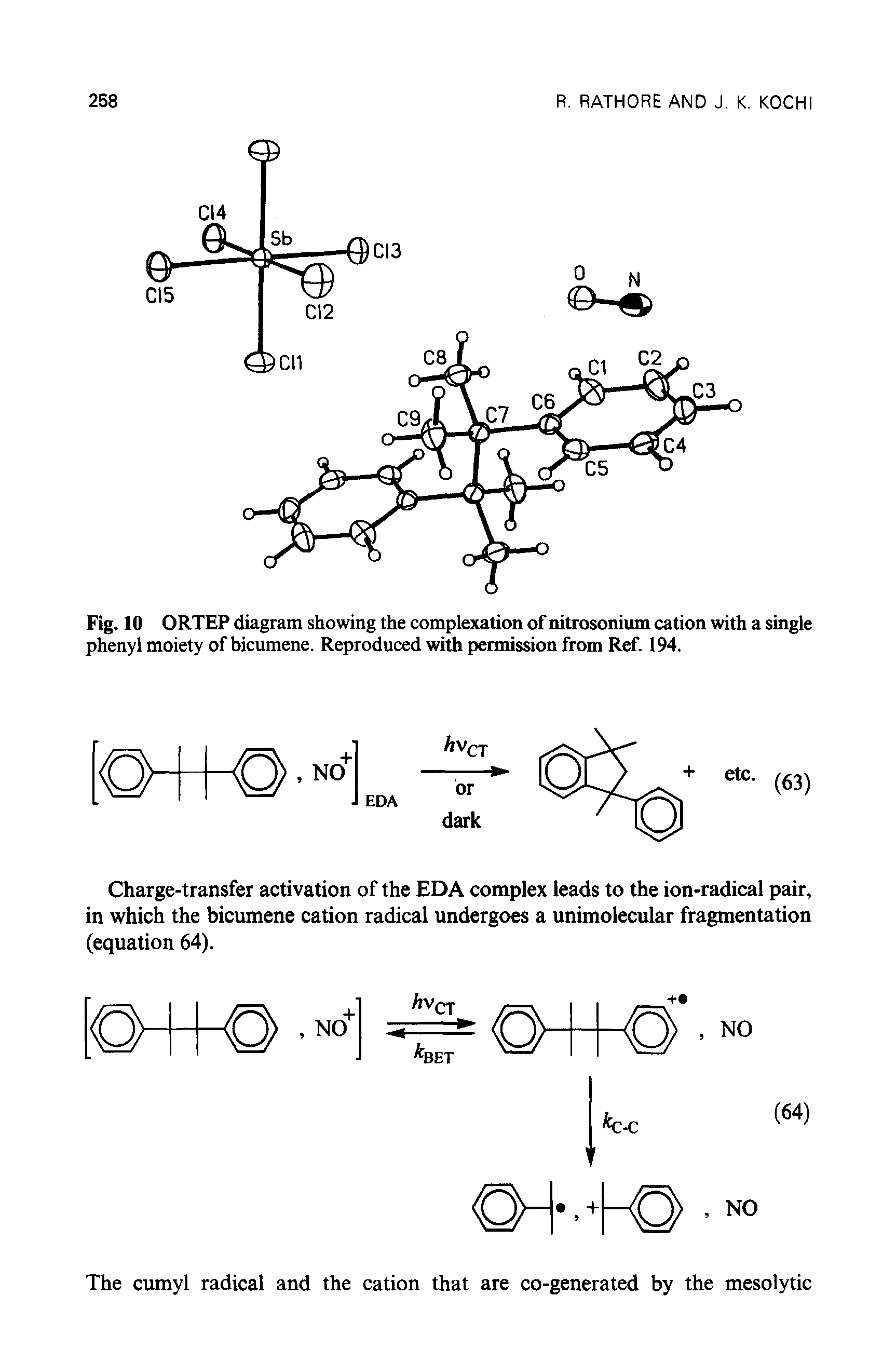 Fig. 10 ORTEP diagram showing the complexation of nitrosonium cation with a single phenyl moiety of bicumene. Reproduced with permission from Ref. 194.