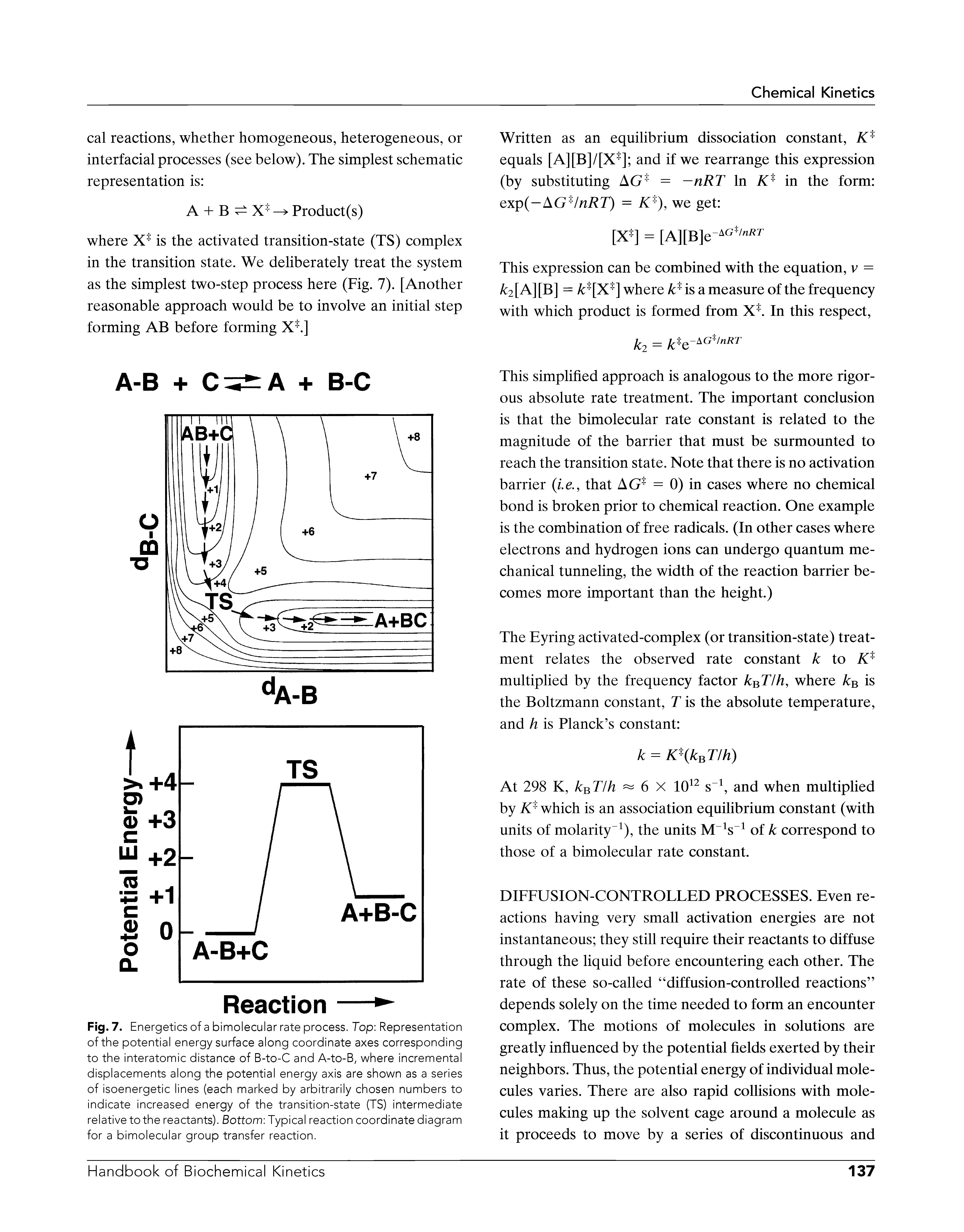 Fig. 7. Energetics of a bimolecular rate process. Top Representation of the potential energy surface along coordinate axes corresponding to the interatomic distance of B-to-C and A-to-B, where incremental displacements along the potential energy axis are shown as a series of isoenergetic lines (each marked by arbitrarily chosen numbers to indicate increased energy of the transition-state (TS) intermediate relative to the reactants). Bottom Typical reaction coordinate diagram for a bimolecular group transfer reaction.