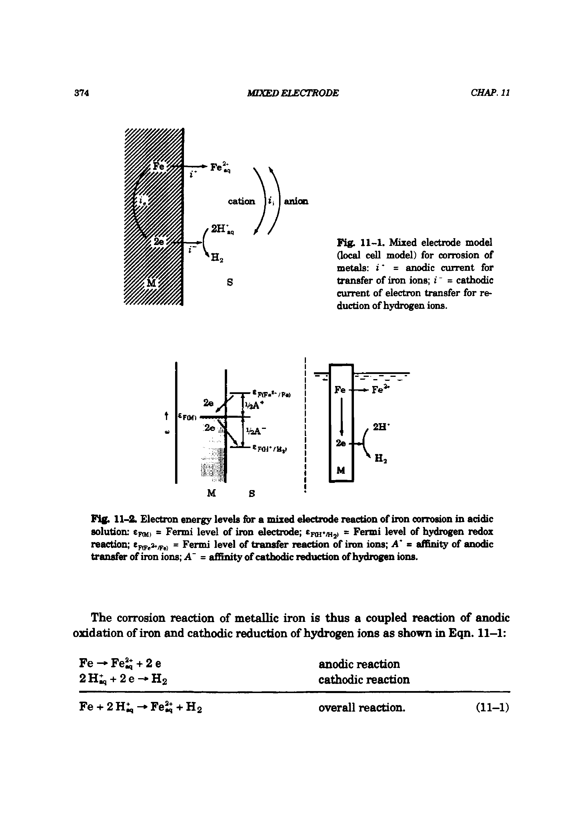 Fig. 11-1. Mixed electrode model (local cell model) for corrosion of metals i = anodic current for transfer of iron ions i = cathodic current of electron transfer for reduction of hydrogen ions.