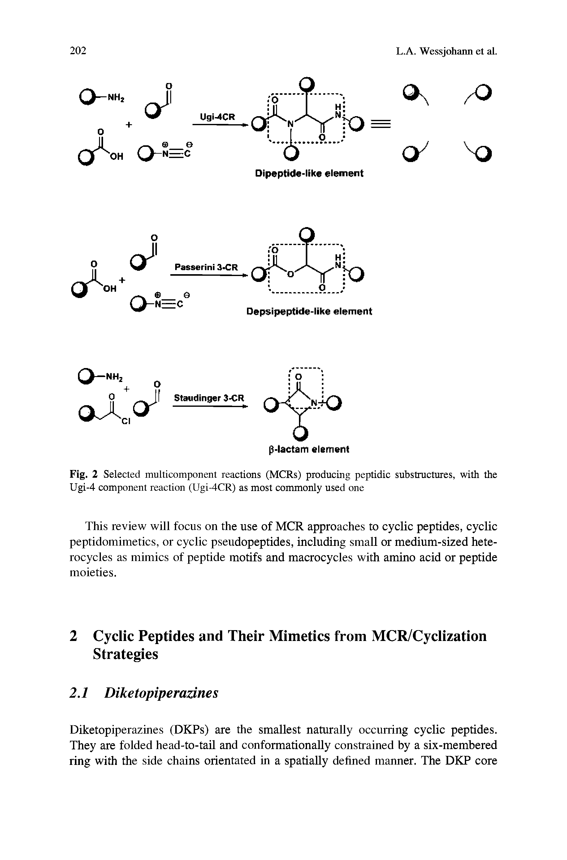 Fig. 2 Selected multicomponent reactions (MCRs) producing peptidic substructures, with the Ugi-4 component reaction (Ugi-4CR) as most commonly used one...