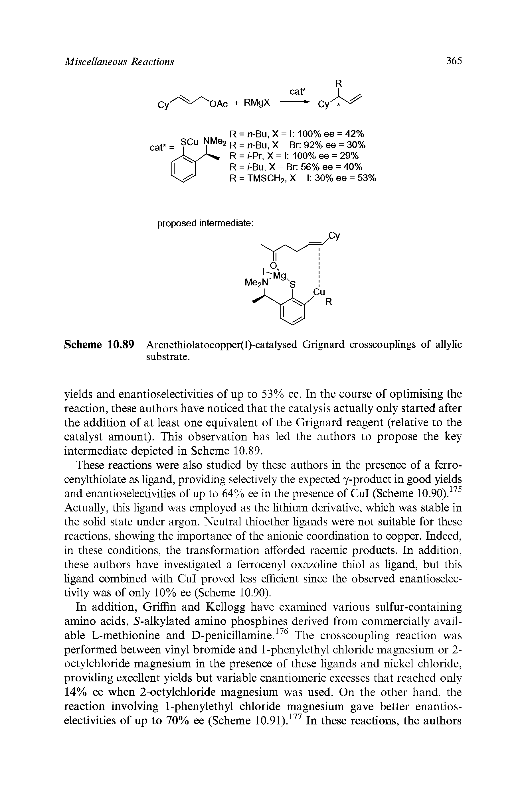 Scheme 10.89 Arenethiolatocopper(I)-catalysed Grignard crosscouplings of allylic substrate.