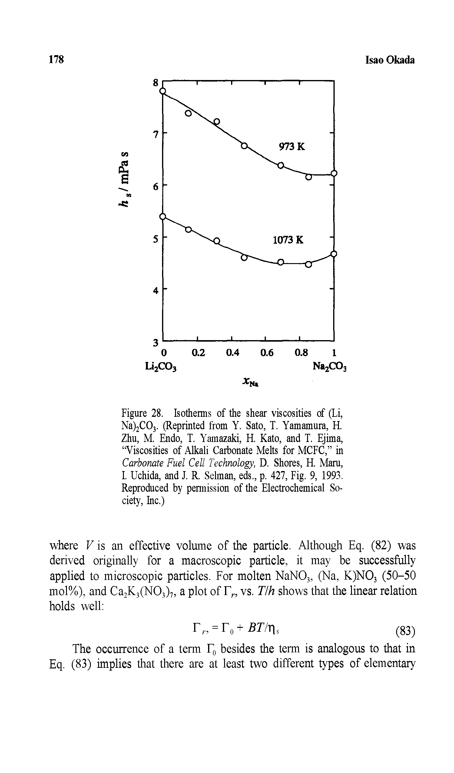 Figure 28. Isotherms of the shear viscosities of (Li, Na)2C03. (Reprinted from Y. Sato, T. Yamamura, H. Zhu, M. Endo, T. Yamazaki, H. Kato, and T. Ejima, Viscosities of Alkali Carbonate Melts for MCFC, in Carbonate Fuel Cell Technology, D. Shores, H. Mam, I. Uchida, and J. R. Selman, eds., p. 427, Fig. 9, 1993. Reproduced by permission of the Electrochemical Society, Inc.)...