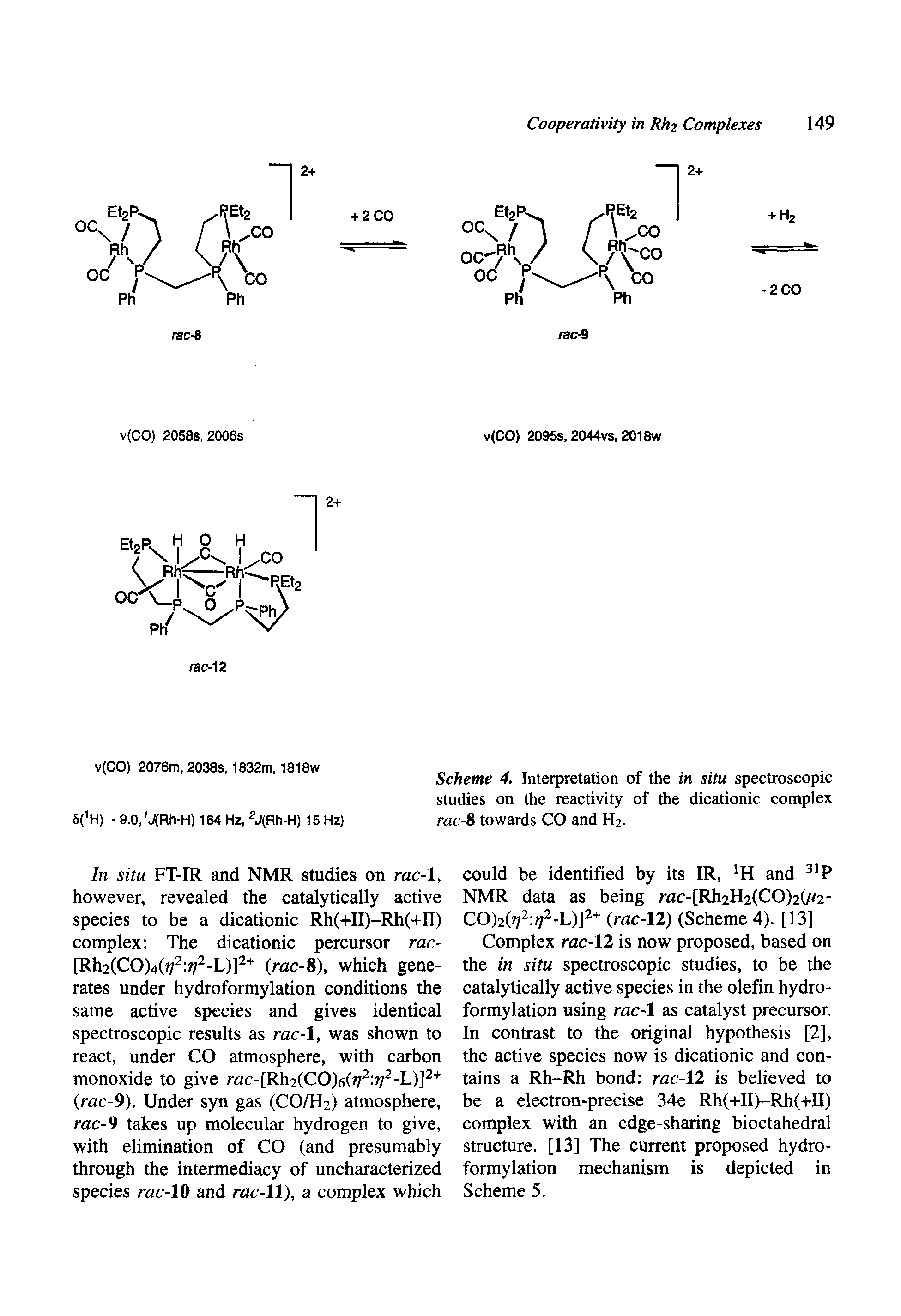 Scheme 4, Interpretation of the in situ spectroscopic studies on the reactivity of the dicationic complex rac-8 towards CO and H2.