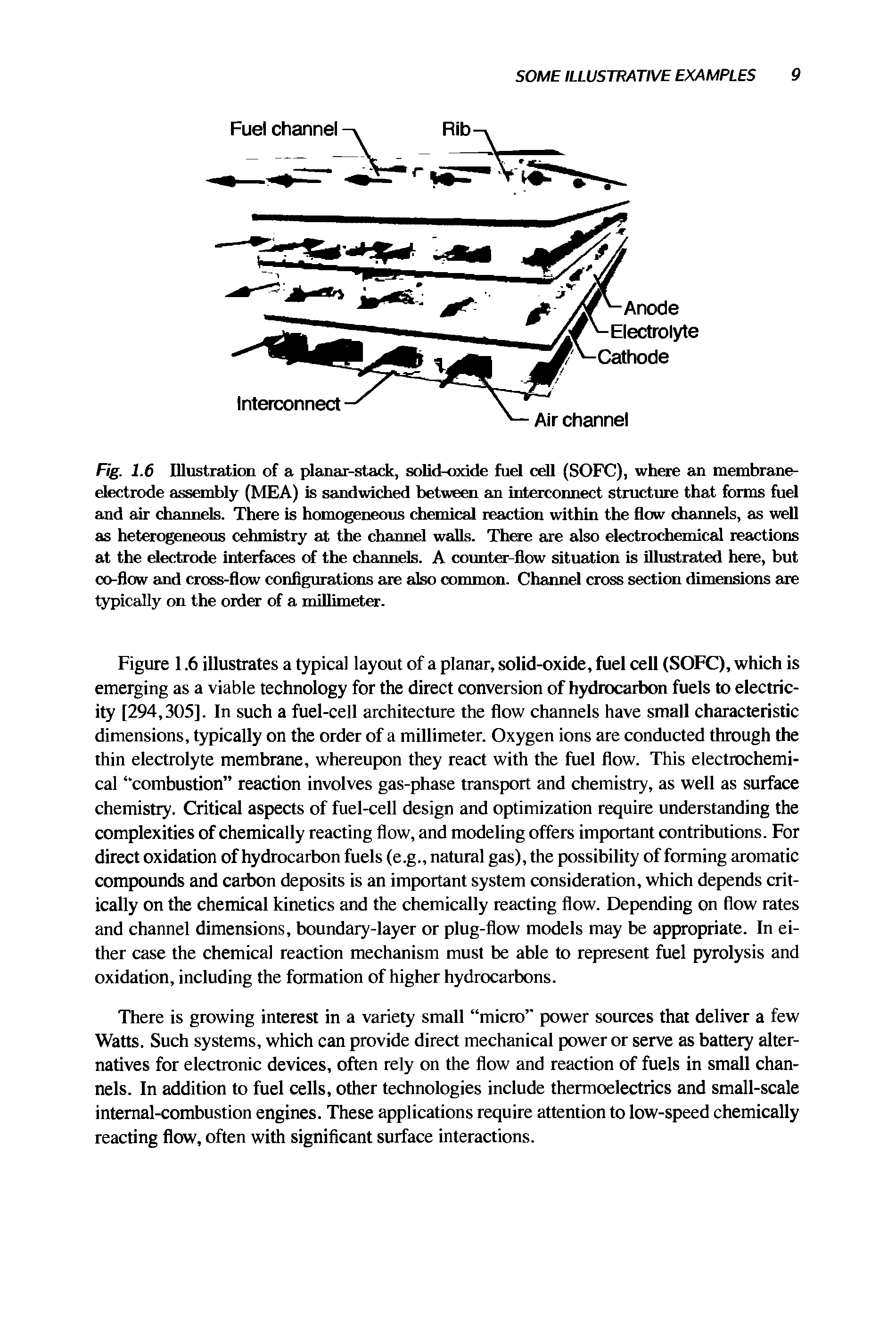 Fig. 1.6 Illustration of a planar-stack, solid-oxide fuel cell (SOFC), where an membrane-electrode assembly (MEA) is sandwiched between an interconnect structure that forms fuel and air channels. There is homogeneous chemical reaction within the flow channels, as well as heterogeneous cehmistry at the channel walls. There are also electrochemical reactions at the electrode interfaces of the channels. A counter-flow situation is illustrated here, but co-flow and cross-flow configurations are also common. Channel cross section dimensions are typically on the order of a millimeter.