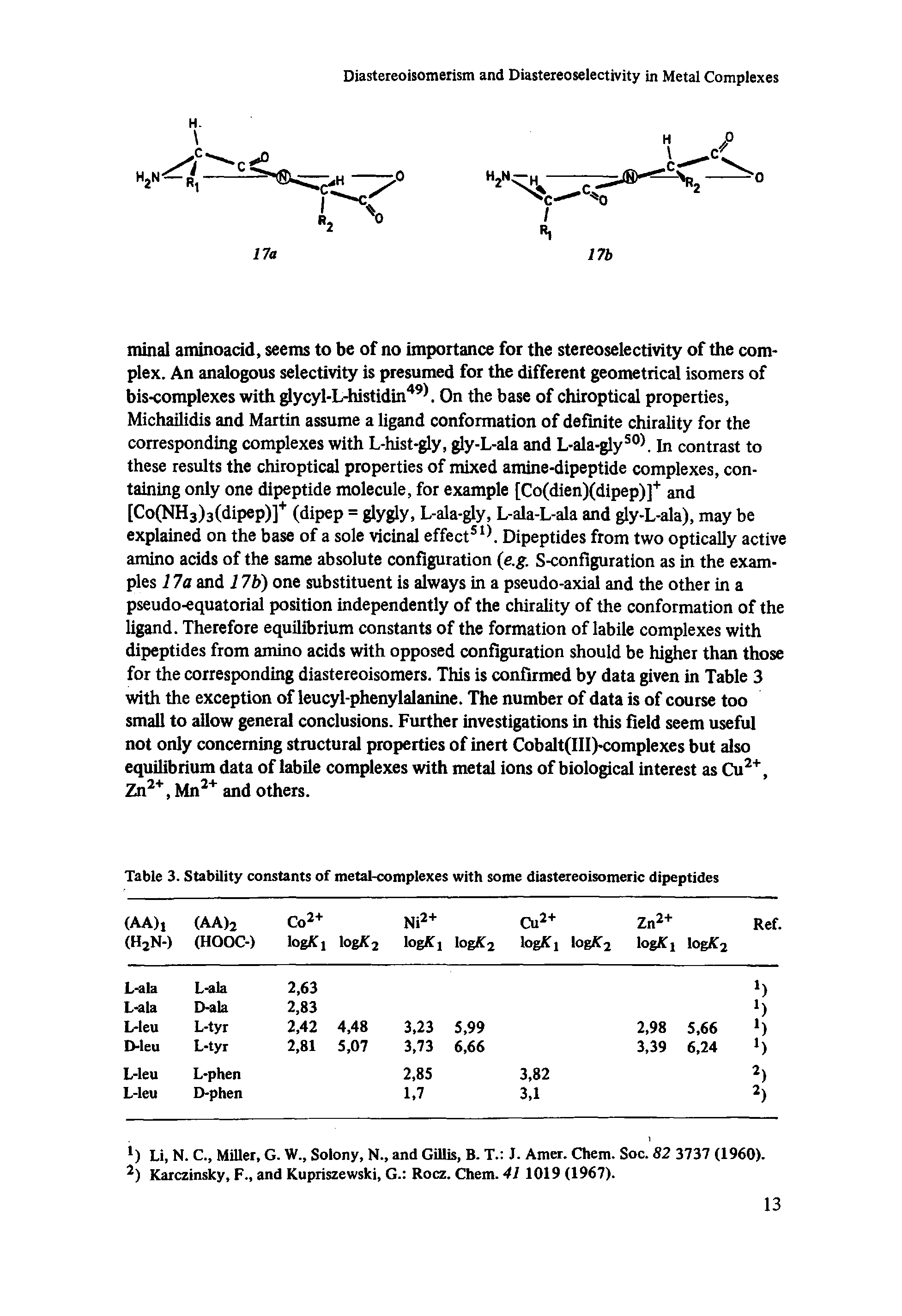 Table 3. Stability constants of metal-complexes with some diastereoisomeric dipeptides...