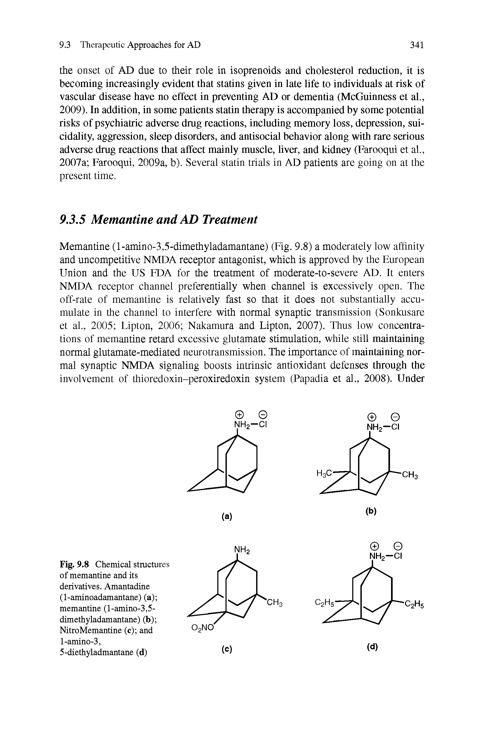 Fig. 9.8 Chemical structures of memantine and its derivatives. Amantadine (1-aminoadamantane) (a) memantine (l-amino-3,5-dimethyladamantane) (b) NitroMemantine (c) and 1-amino-3,...