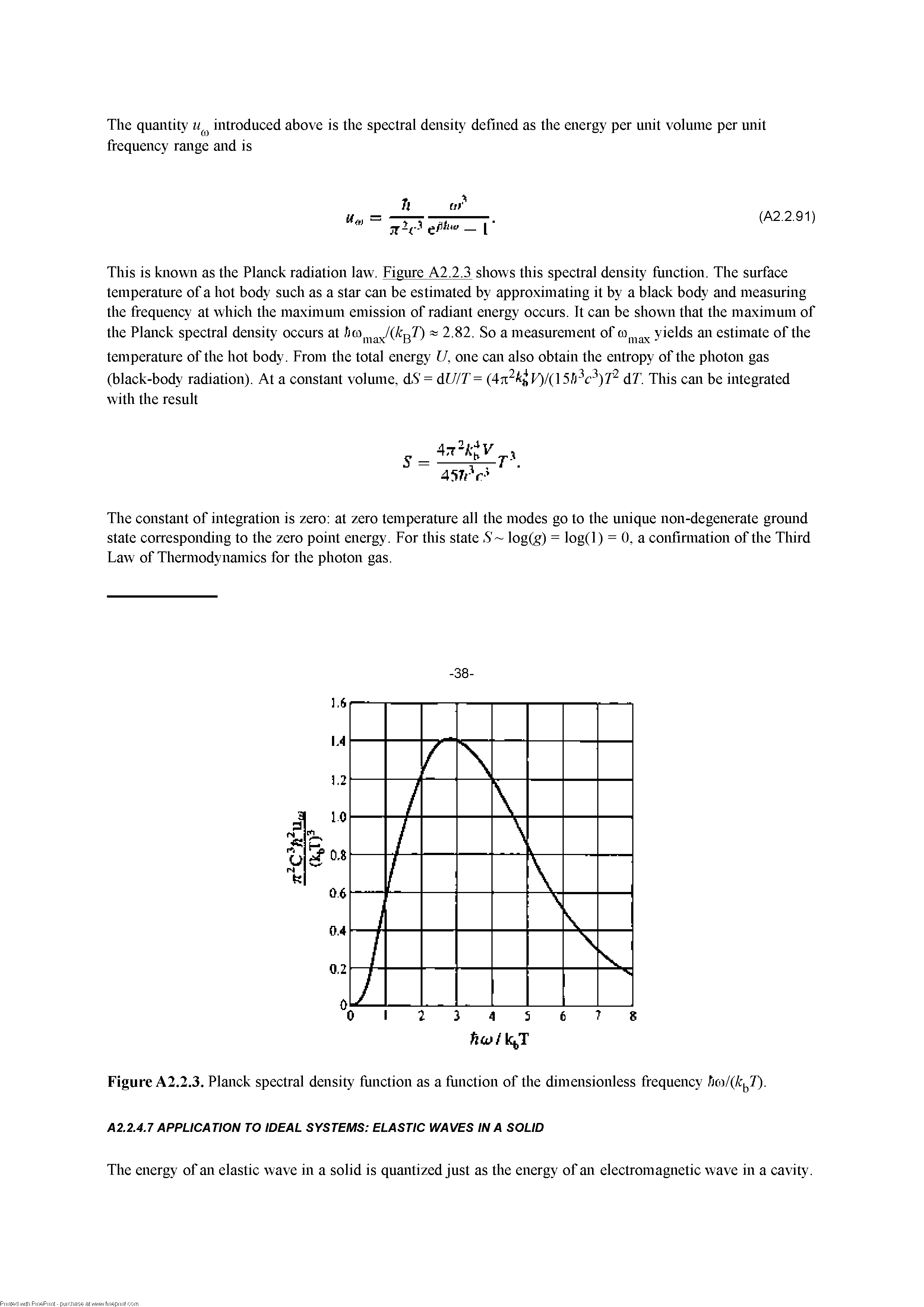 Figure A2.2.3. Planck spectral density fimction as a fimction of the dimensionless frequency /)oi/(/rj 7). A2.2.4.7 APPLICATION TO IDEAL SYSTEMS ELASTIC WAVES IN A SOLID...