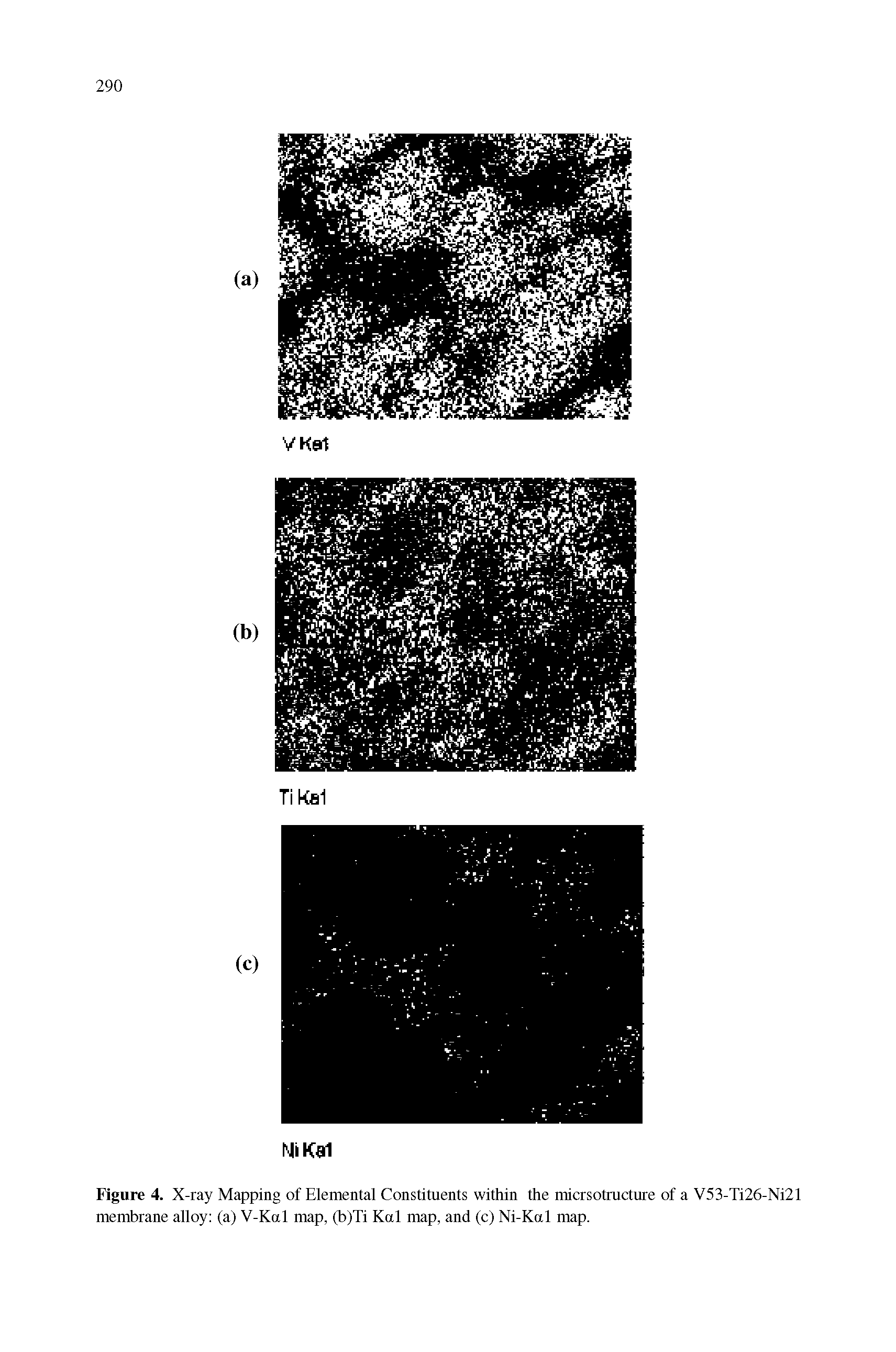 Figure 4. X-ray Mapping of Elemental Constituents within the micrsotructure of a V53-Ti26-Ni21 membrane alloy (a) V-Kal map, (b)Ti Kal map, and (c) Ni-Kal map.