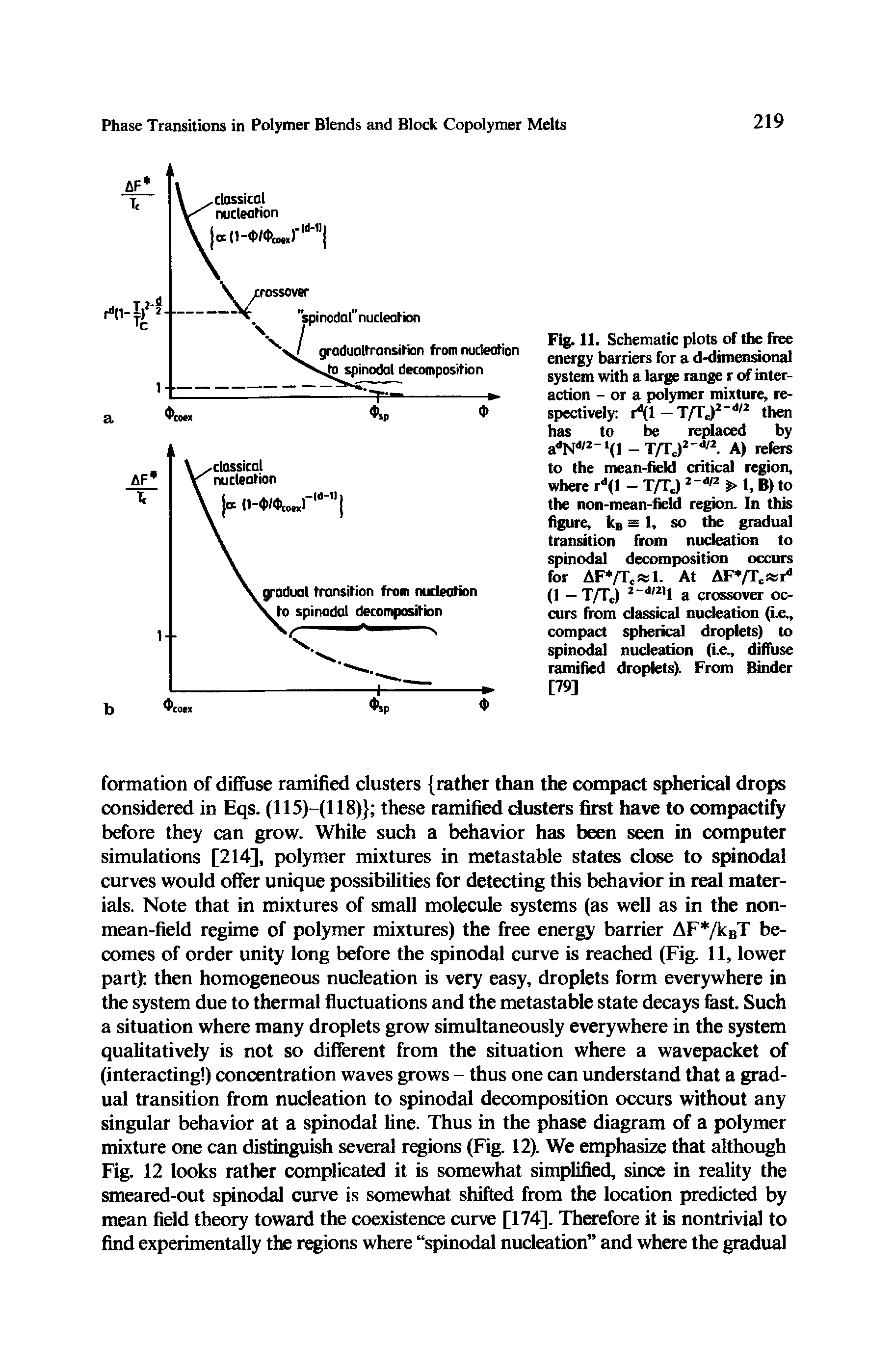 Fig. 11. Schematic plots of the free energy barriers for a d-dimensional system with a large range r of interaction - or a polymer mixture, respectively 1 (1 — T/Tc)2 d/2 then has to be replaced by adNd/2-i(i T/Tc)2-d/2. A) refers to the mean-field critical region, where rd(l - T/Tc) 2 d/2 > 1, B) to the non-mean-field region. In this figure, kg = l, so the gradual transition from nucleation to spinodal decomposition occurs for AF /TC 1. At AF /Tc rd (1 — T/Tc) 2-d,2,l a crossover occurs from classical nucleation (Le., compact spherical droplets) to spinodal nucleation (i.e., diffuse ramified droplets). From Binder [79]...