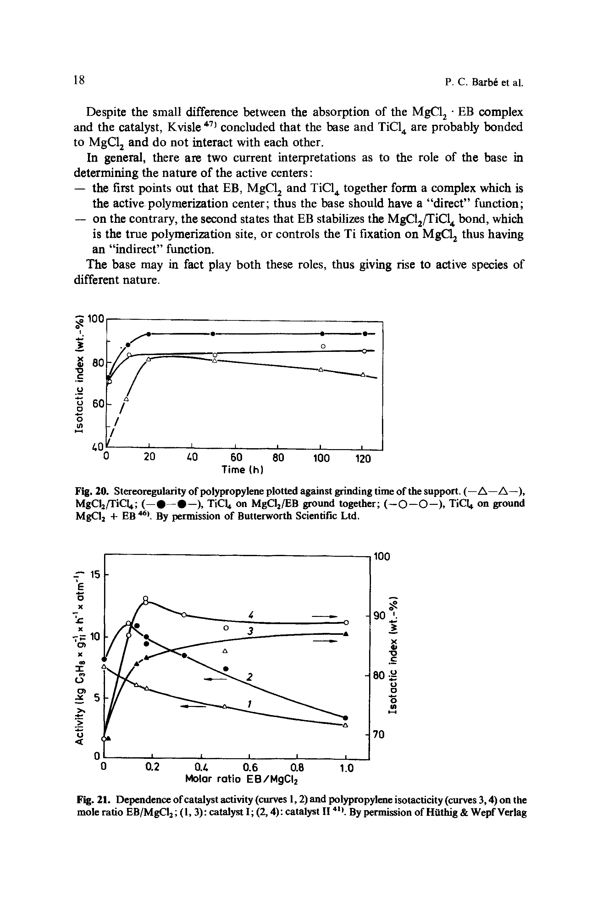 Fig. 20. Stereoregularity of polypropylene plotted against grinding time of the support. (—A—A—), MgCij/TiCl (— — —), TiCh on MgClj/EB ground together (—0—0—), TiCl on ground MgClj + EB 46t. By permission of Butterworth Scientific Ltd.