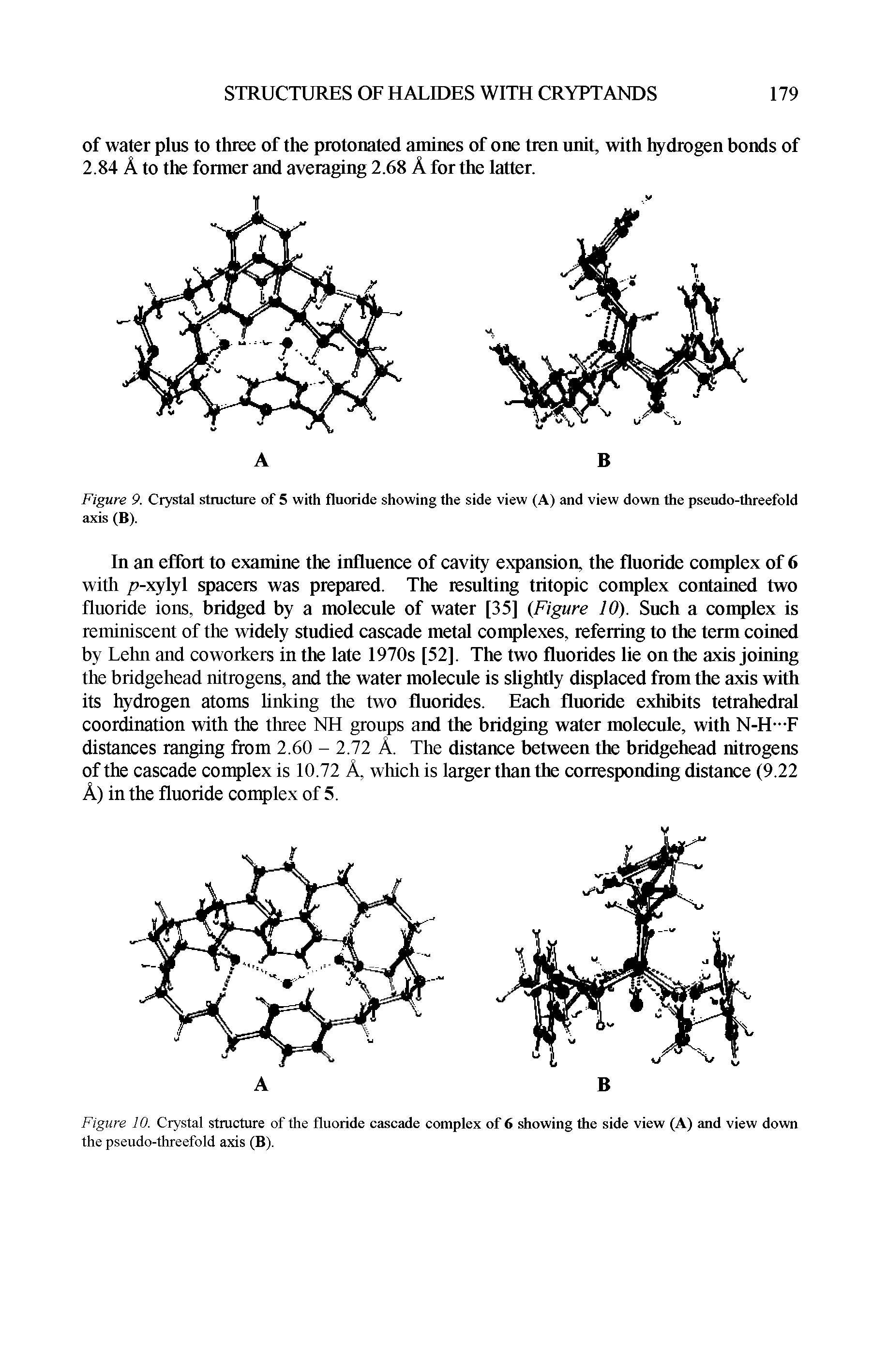 Figure 10. Crystal structure of the fluoride cascade complex of 6 showing die side view (A) and view down the pseudo-threefold axis (B).