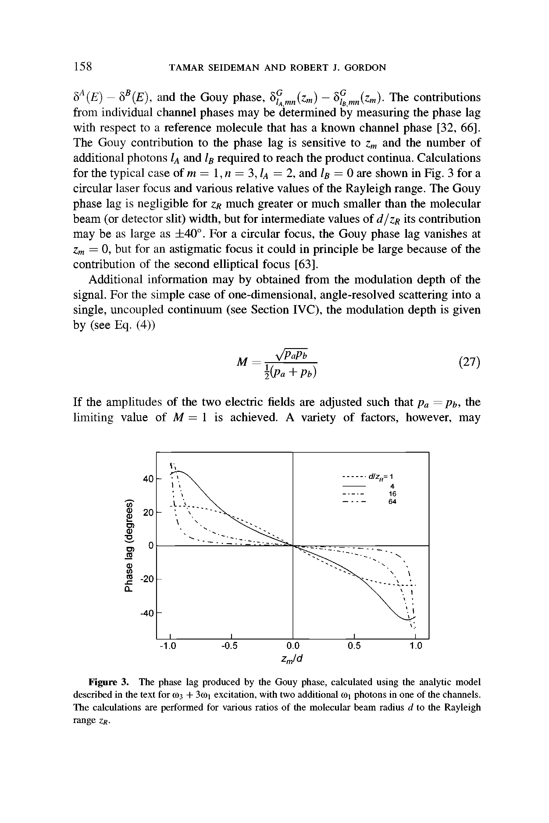 Figure 3. The phase lag produced by the Gouy phase, calculated using the analytic model described in the text for 0)3 + 3t0i excitation, with two additional coi photons in one of the channels. The calculations are performed for various ratios of the molecular beam radius d to the Rayleigh range zr.