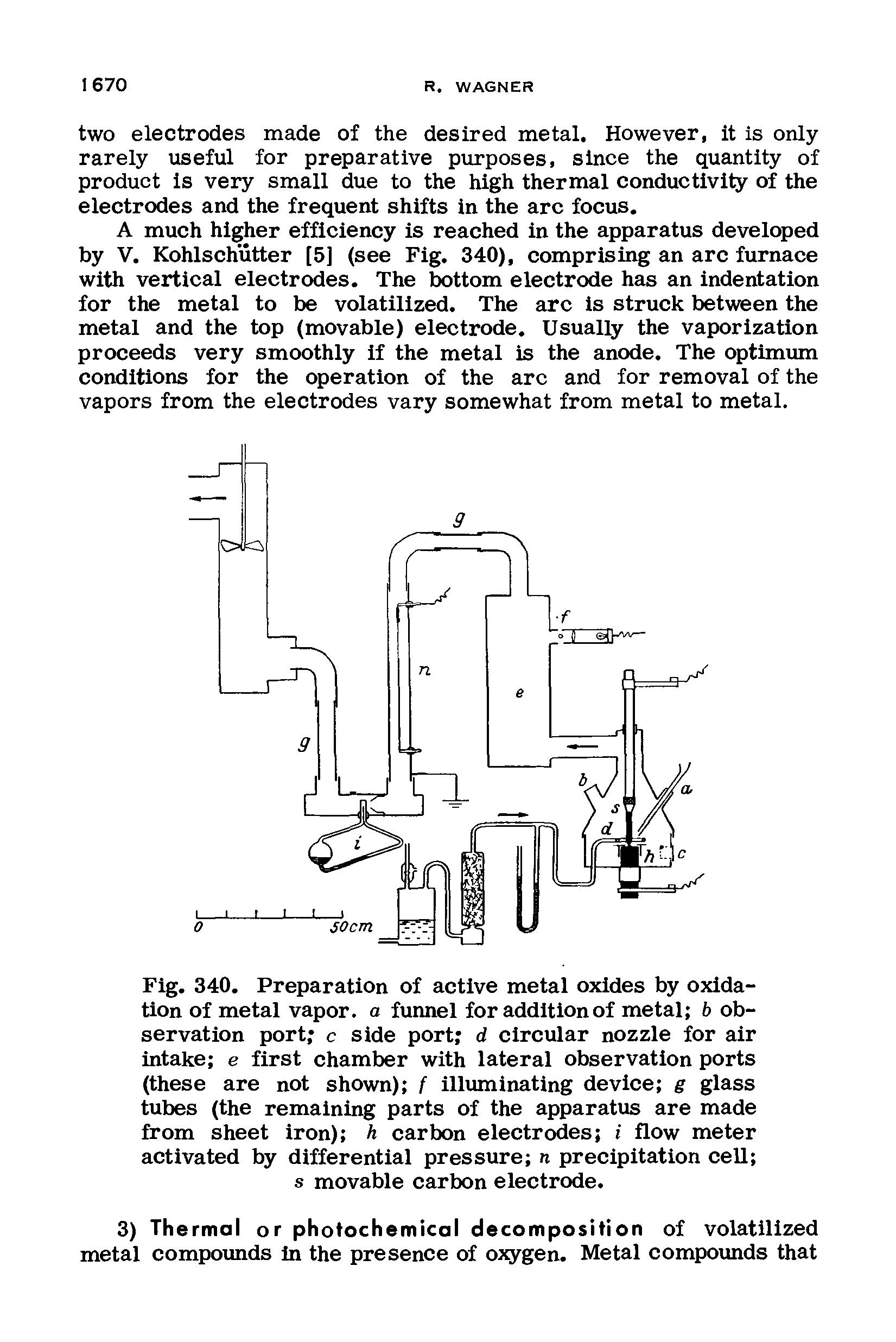 Fig. 340. Preparation of active metal oxides by oxidation of metal vapor, a funnel for addition of metal b observation port c side port d circular nozzle for air intake e first chamber with lateral observation ports (these are not shown) f illuminating device g glass tubes (the remaining parts of the apparatus are made from sheet iron) h carbon electrodes i flow meter activated by differential pressure n precipitation cell s movable carbon electrode.
