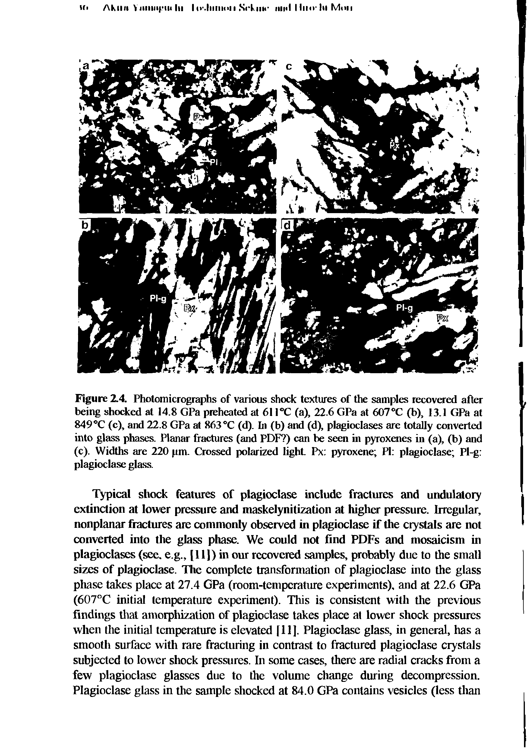 Figure 2.4. Photomicrographs of various shock textures of the samples recovered after being shocked at 14.8 GPa preheated at 611°C (a), 22.6 GPa at 607 C (b), 13.1 GPa at 849 C (c), and 22.8 GPa at 863 °C (d). hi (b) and (d), plagioclases are totally converted into glass phases. Planar fractures (and PDF ) can be seen in pyroxenes in (a), (b) and (c). Widths are 220 pm. Crossed polarized light Px pyroxene PI plagioclase Pl-g plagioclase glass.