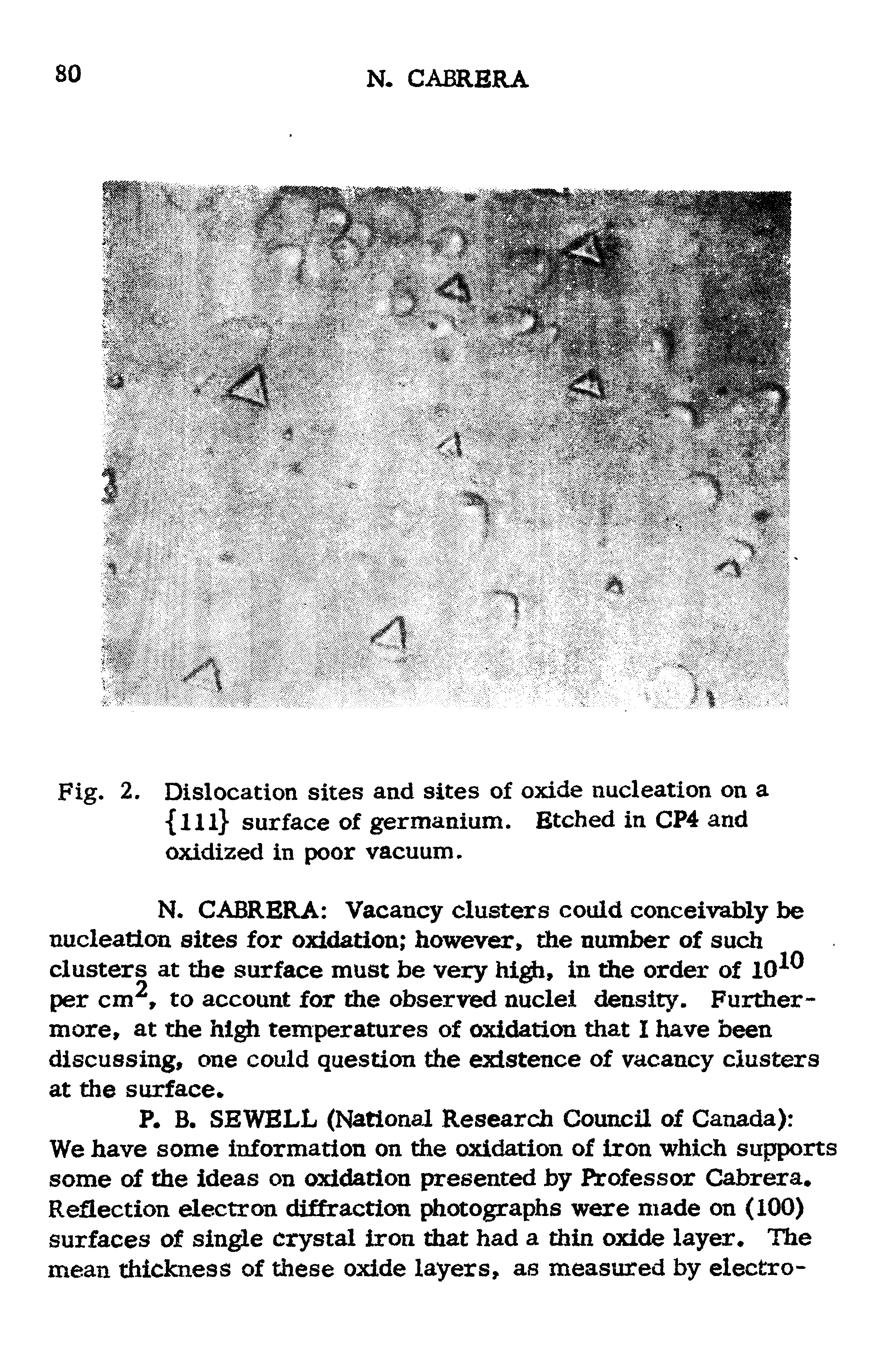 Fig. 2. Dislocation sites and sites of oxide nucleation on a ill surface of germanium. Etched in CP4 and oxidized in poor vacuum.