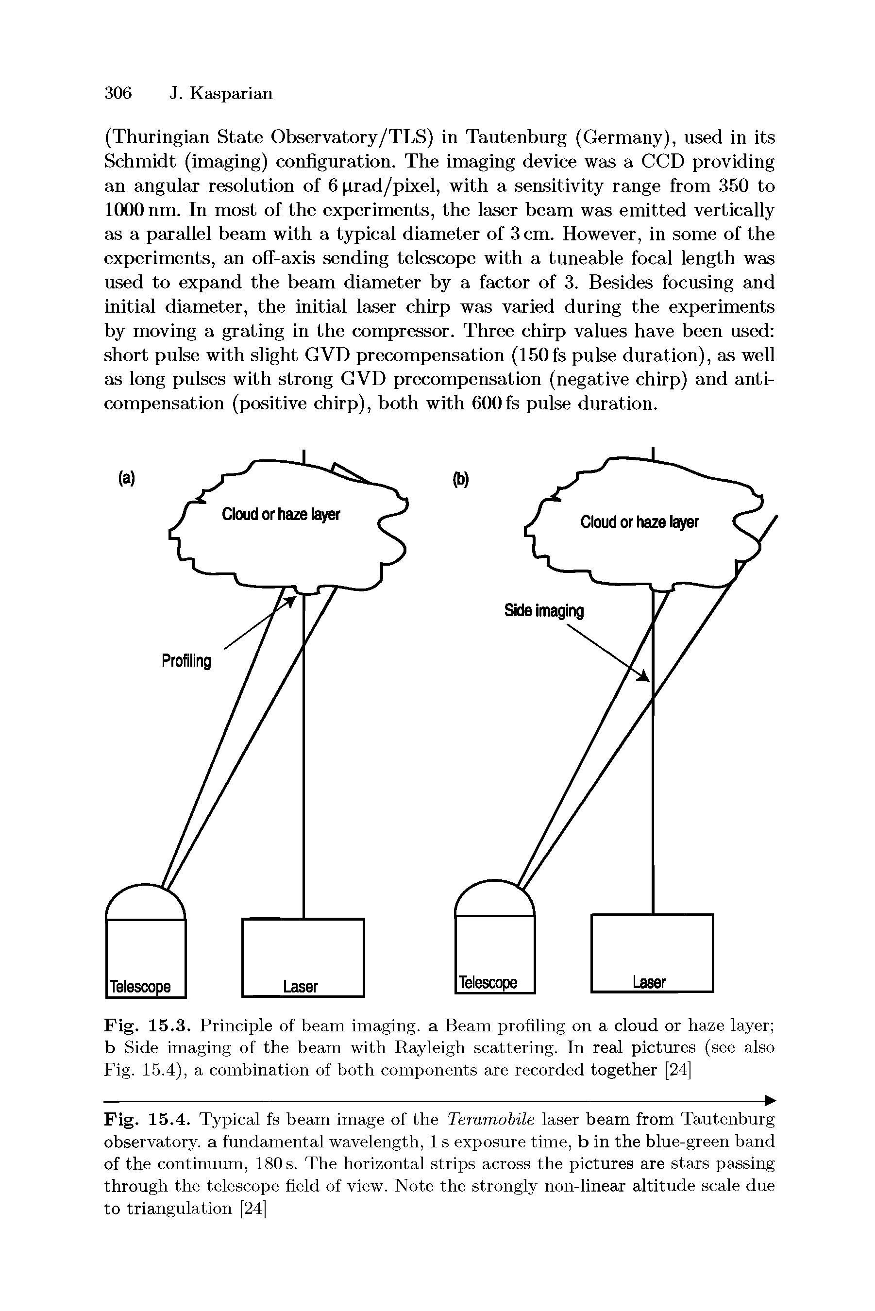 Fig. 15.3. Principle of beam imaging, a Beam profiling on a cloud or haze layer b Side imaging of the beam with Rayleigh scattering. In real pictures (see also Fig. 15.4), a combination of both components are recorded together [24]...