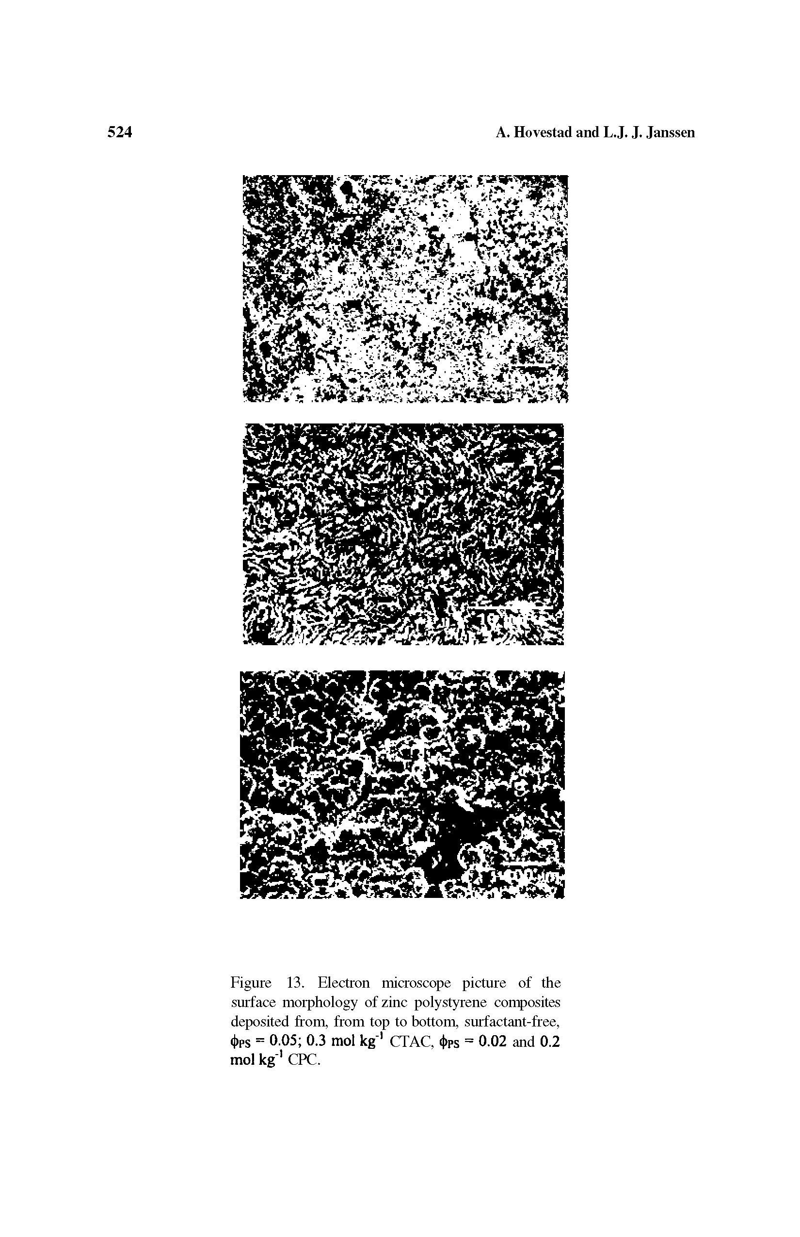 Figure 13. Electron microscope picture of the surface morphology of zinc polystyrene composites deposited from, from top to bottom, surfactant-free, <t>PS = 0.05 0.3 mol kg CTAC, 4>ps = 0.02 and 0.2 mol kg CPC.