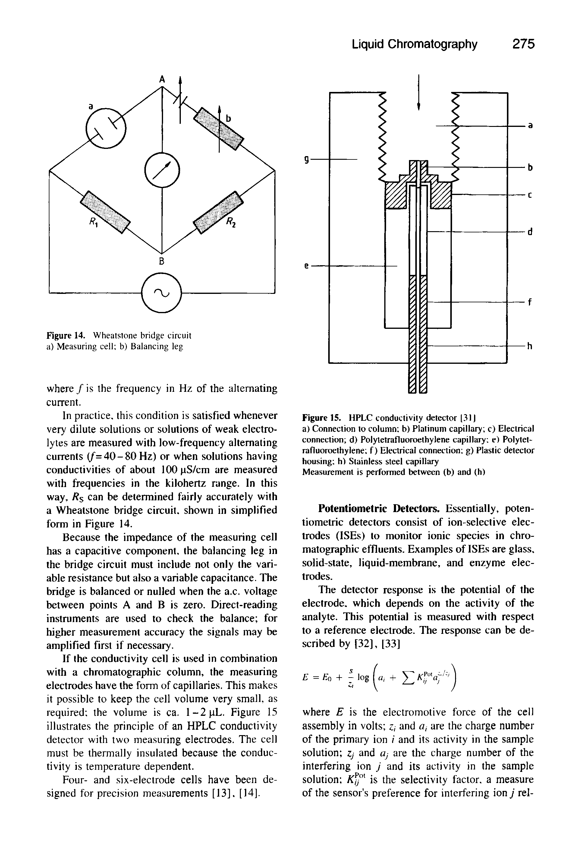 Figure 15. HPLC conductivity detector [31J a) Connection lo column b) Platinum capillary c) Elecuical connection d) Polytetrafluoroethylene capillary e) Polytet-rafluoroelhylene f) Electrical connection g) Plastic delector housing h) Stainless steel capillary Measurement is performed between (b) and (h)...