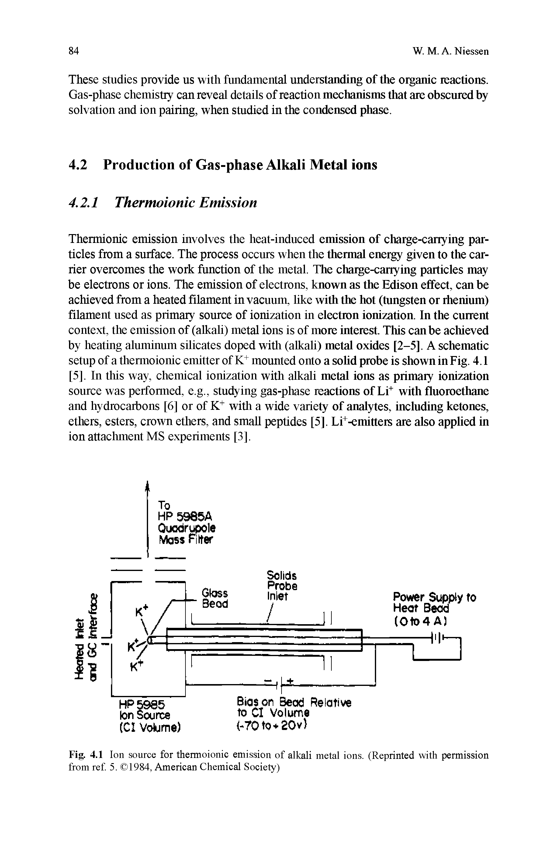 Fig. 4.1 Ion source for thermoionic emission of alkali metal ions. (Reprinted with permission from ref 5. 1984, American Chemical Society)...